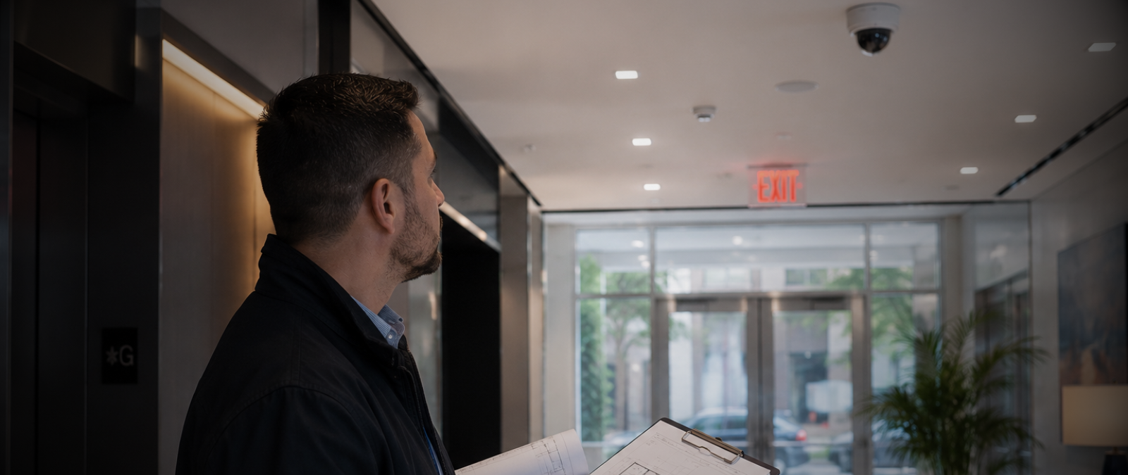 Physical security consultant assessing a commercial building entrance and camera placement during a security assessment in Manhattan, NYC.