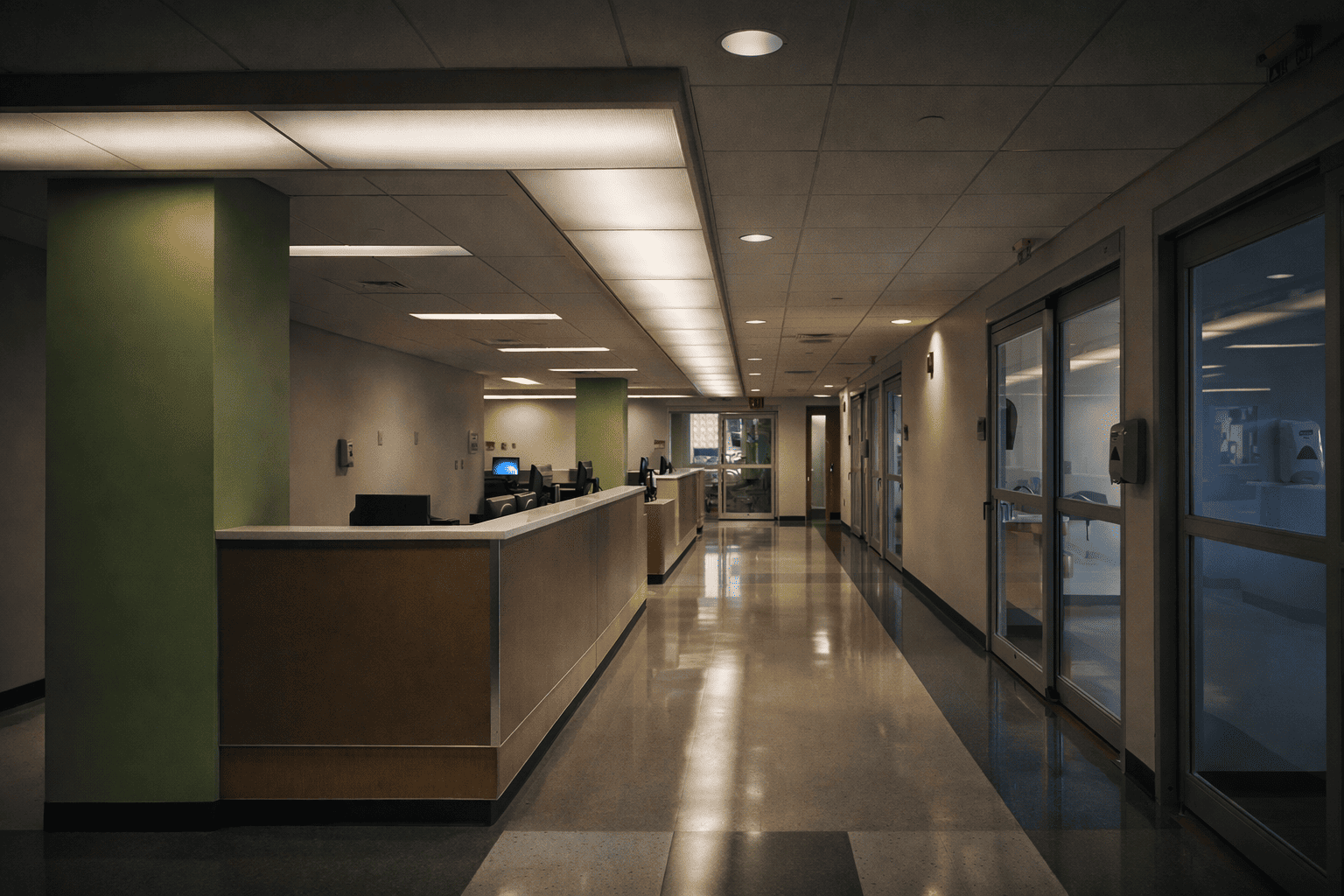 Hospital reception and hallway area secured with surveillance and controlled access security systems.