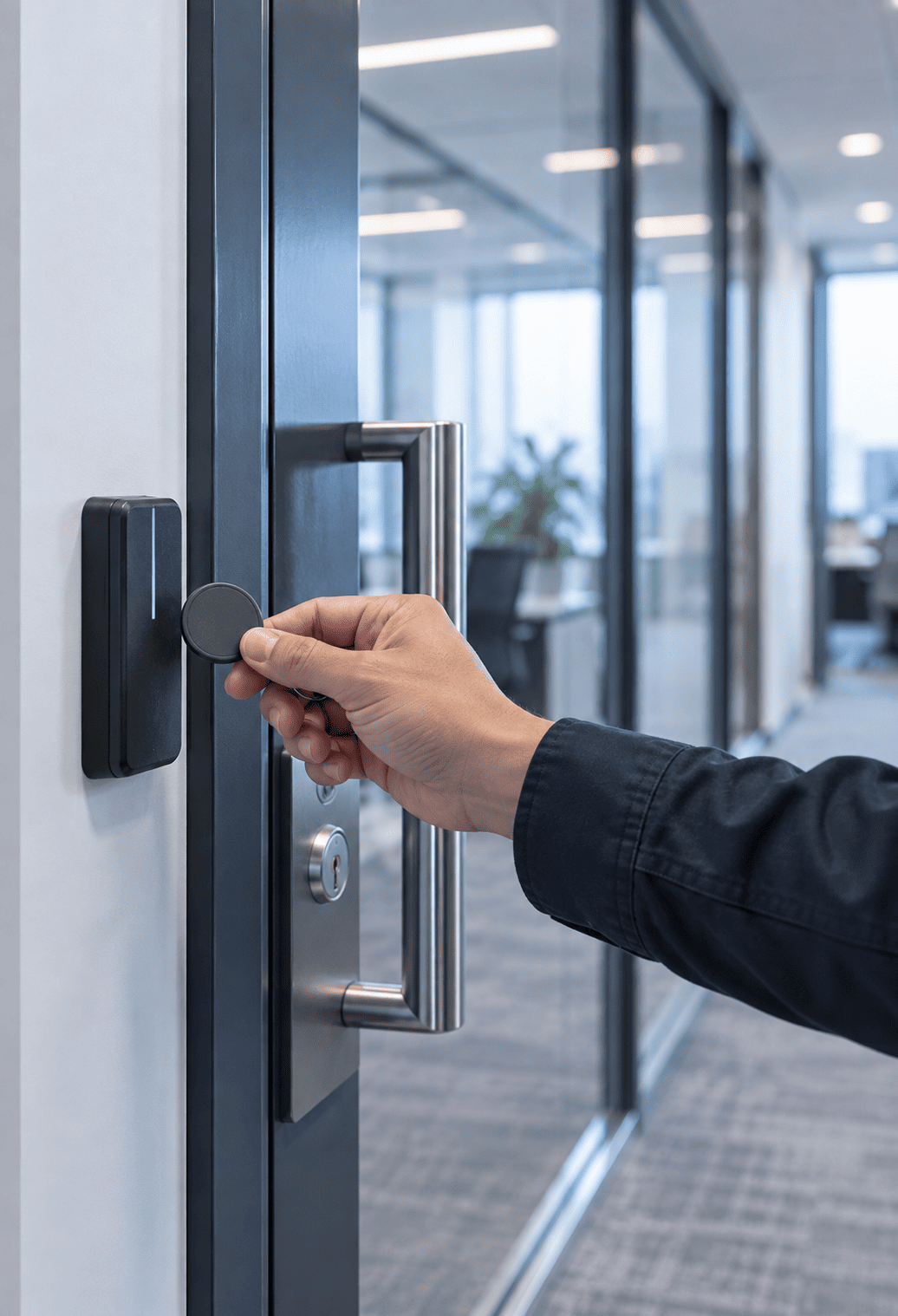 Person holding a key fob near an access-control reader beside an office suite door.