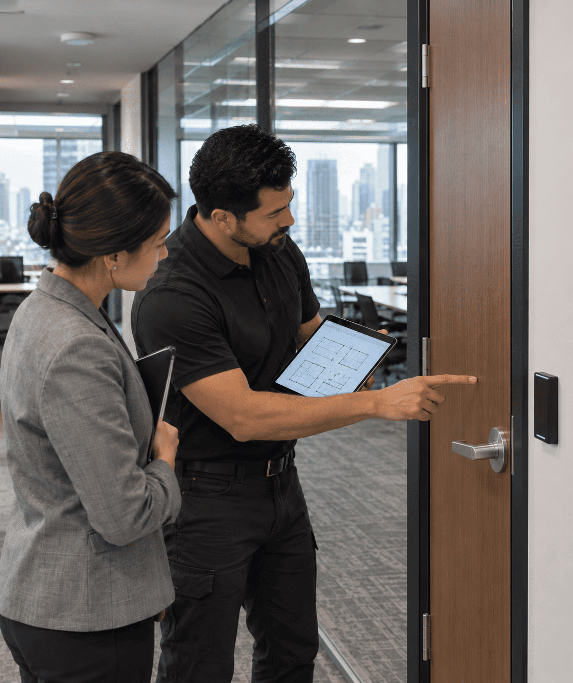 Security engineer and building representative inspecting an office entry door and its existing hardware.