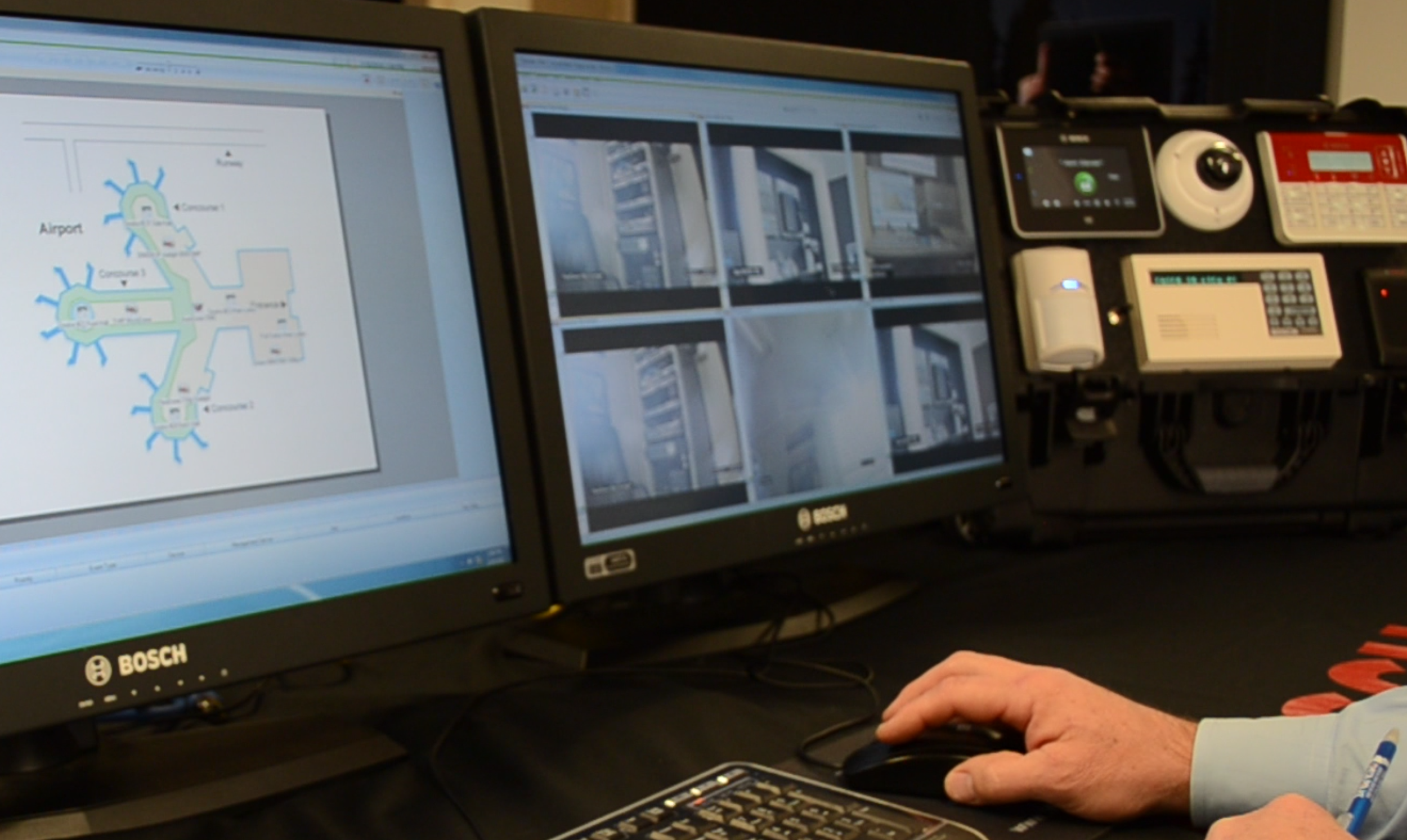 Bosch alarm monitoring system dashboard displaying security alerts and building layout for centralized monitoring.