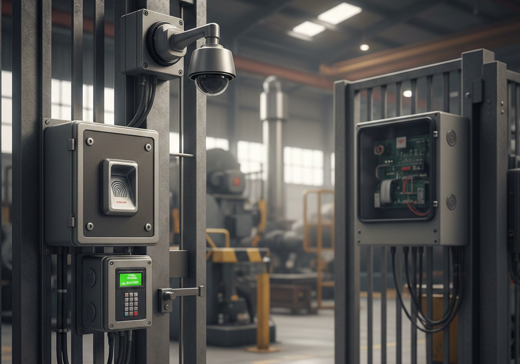 Access control system with keypad and biometric reader installed in industrial facility for secure entry and perimeter security management