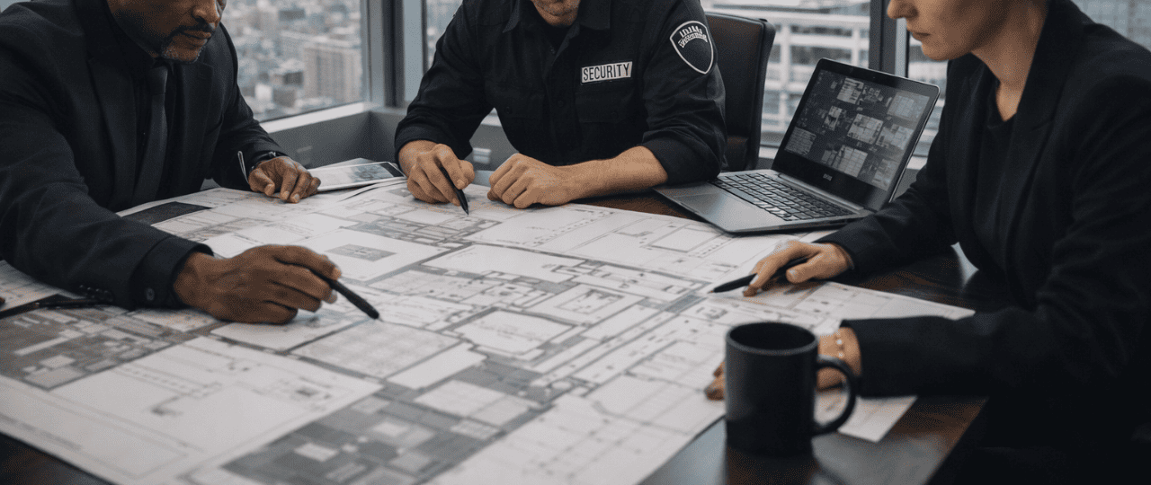 Security professionals reviewing commercial building security system plans during a design and planning meeting in a high-rise office with a New York City skyline view.