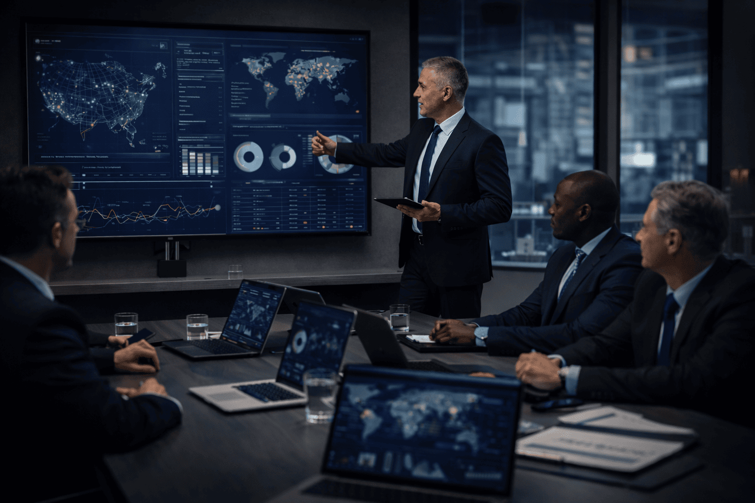 security professionals analyzing threat data in control room for risk assessment and planning