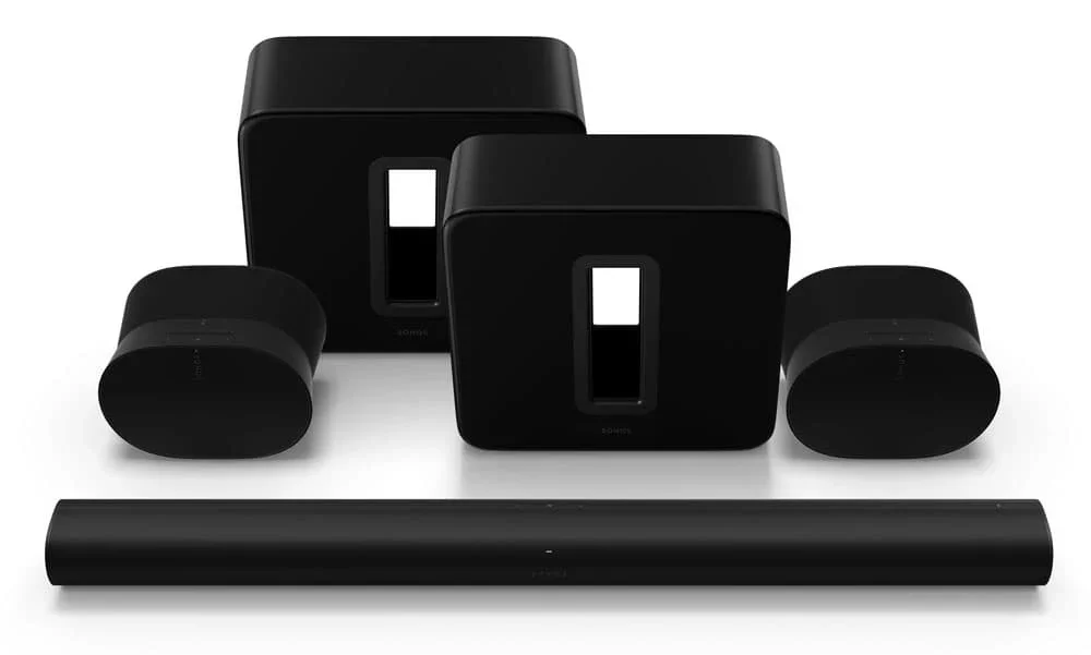 Sonos home theater system with soundbar subwoofer and surround speakers setup