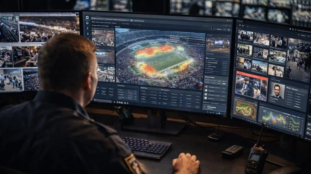 Centralized security command system overseeing operations and crowd management in a sports and entertainment venue.