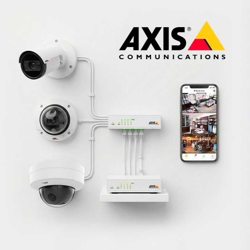 Axis security camera installation connected to a network video surveillance system with remote monitoring on a mobile device.