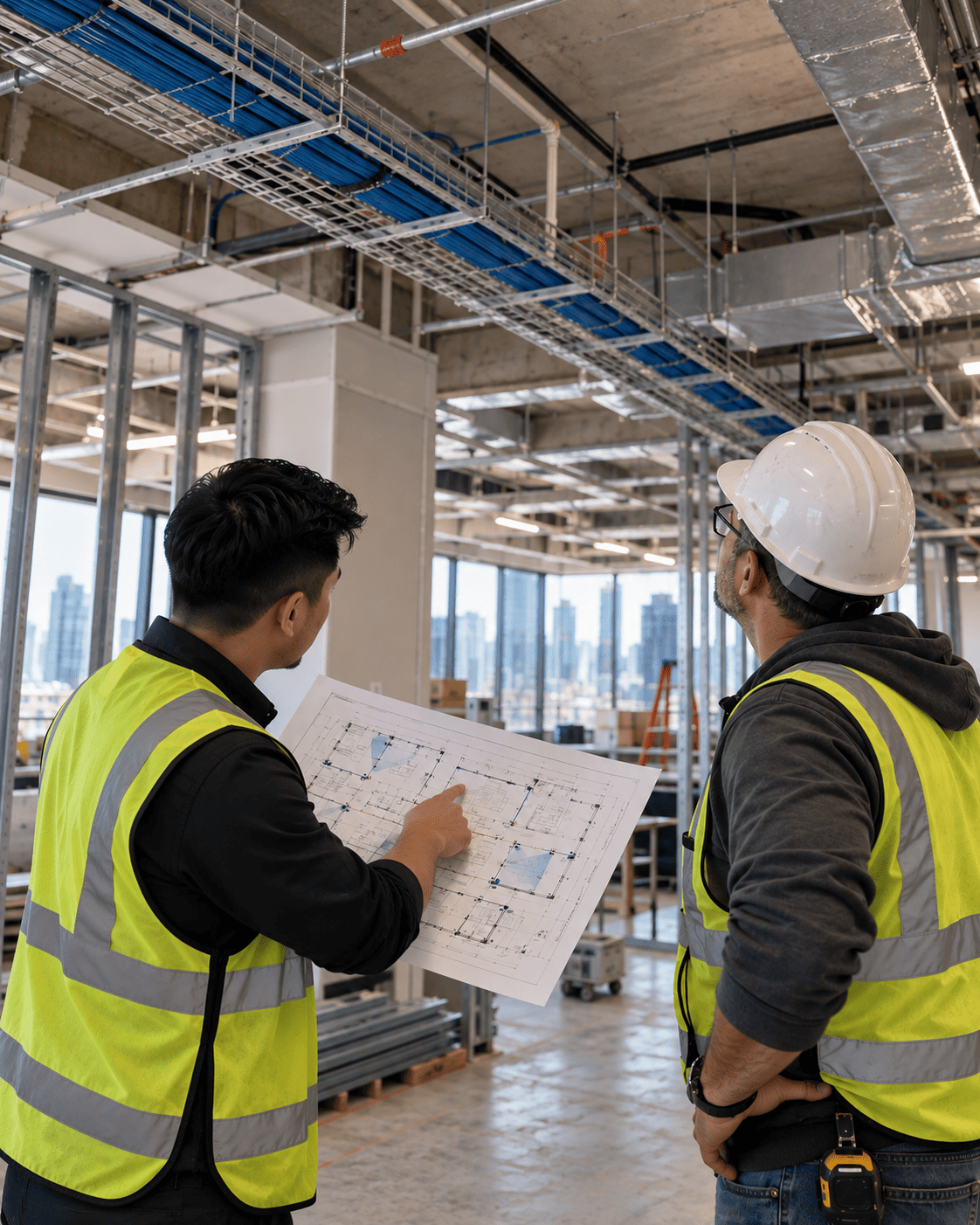 Engineer and contractor reviewing an office floor plan beneath an open ceiling during a fit-out.