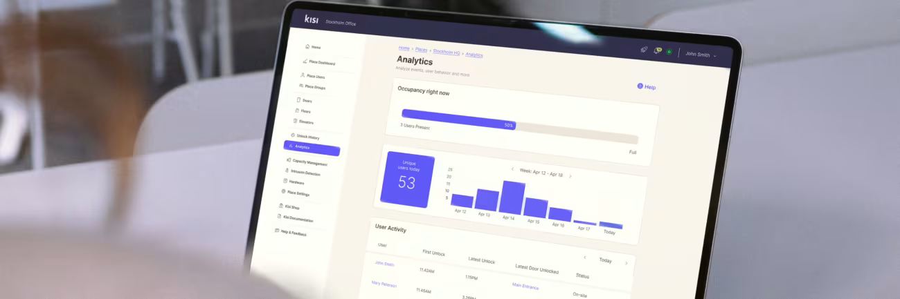 Kisi access control dashboard showing building entry analytics, occupancy data, and user activity for managing secure access to commercial properties.