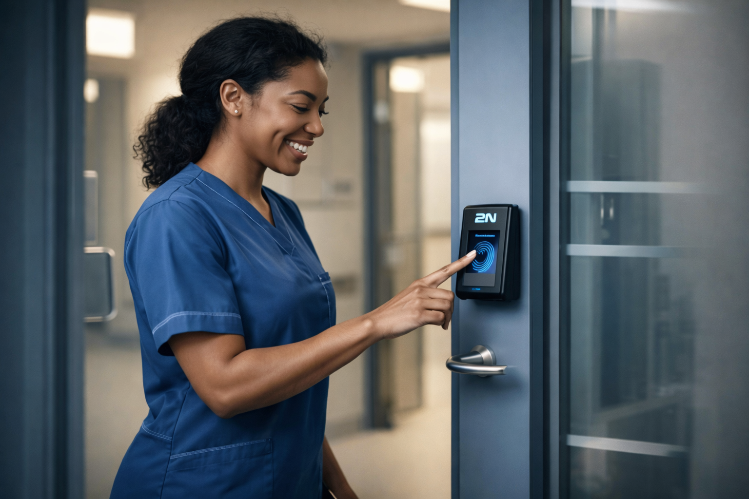 Healthcare professional using access control system in hospital facility for secure and compliant entry management