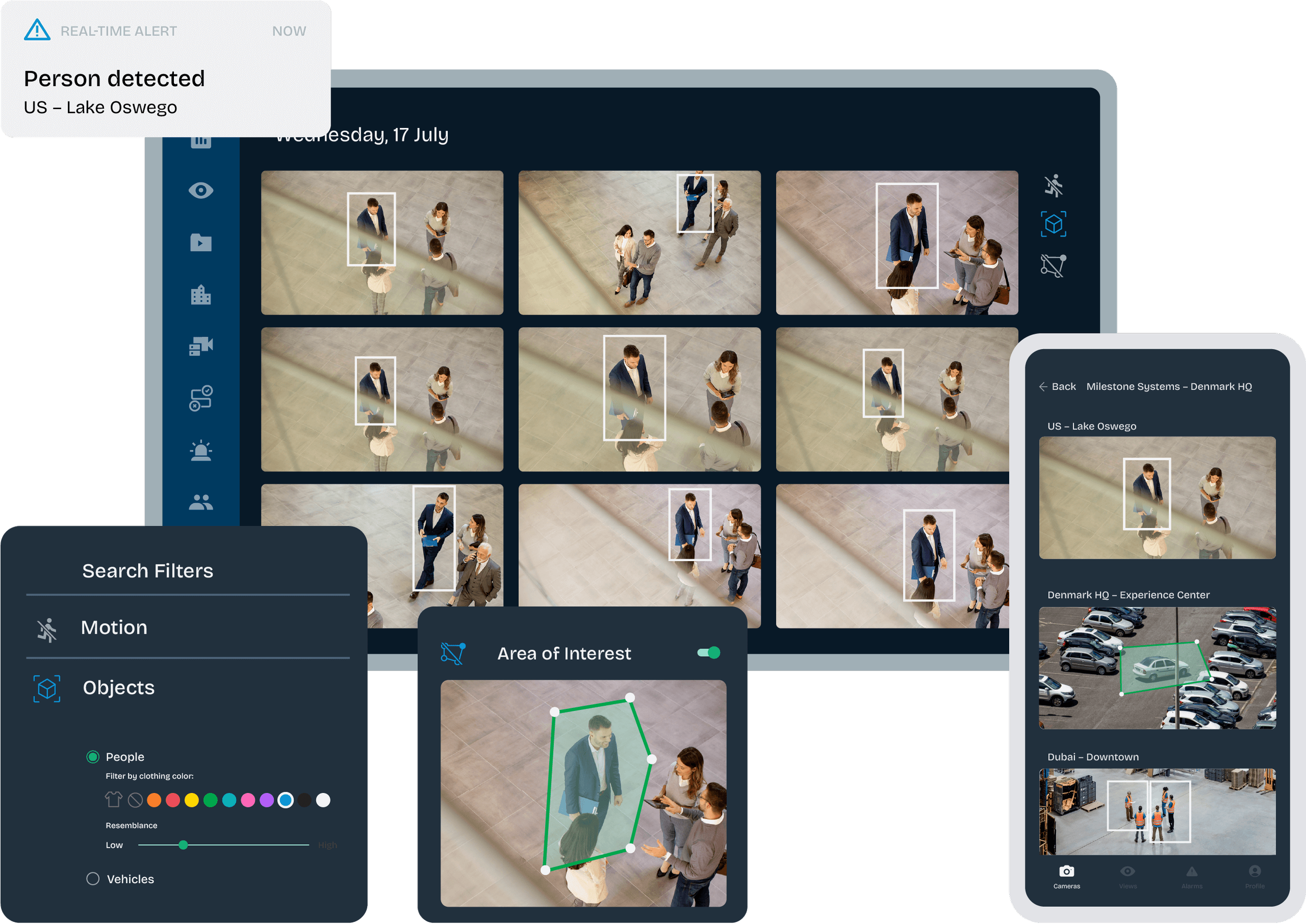 Arcules cloud VSaaS dashboard showing real-time person detection alerts, AI-powered search filters, multi-camera views, and mobile remote monitoring interface.