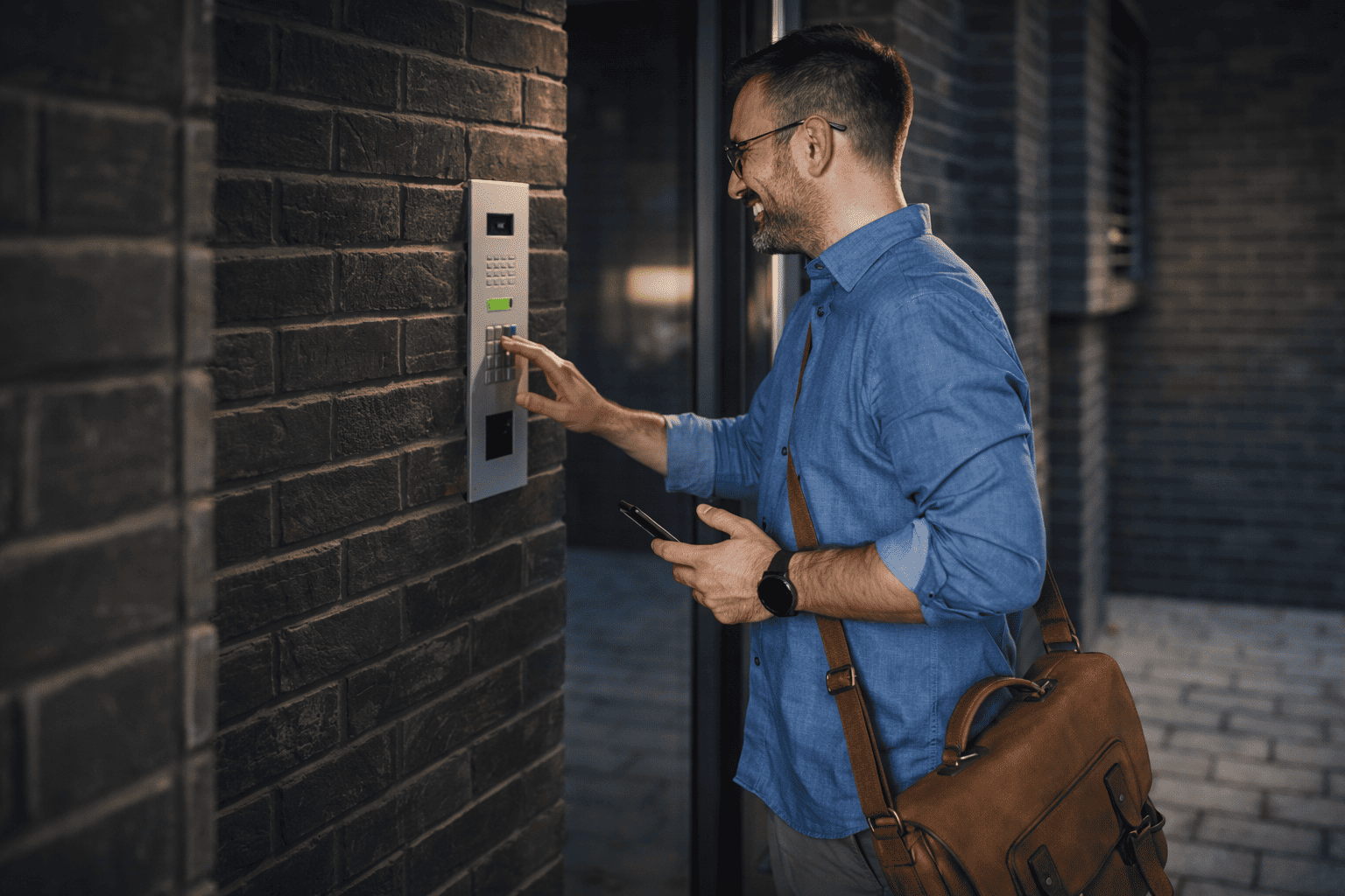 Man using a keypad access control system to enter a commercial building, illustrating secure and cost-effective access control for commercial properties.
