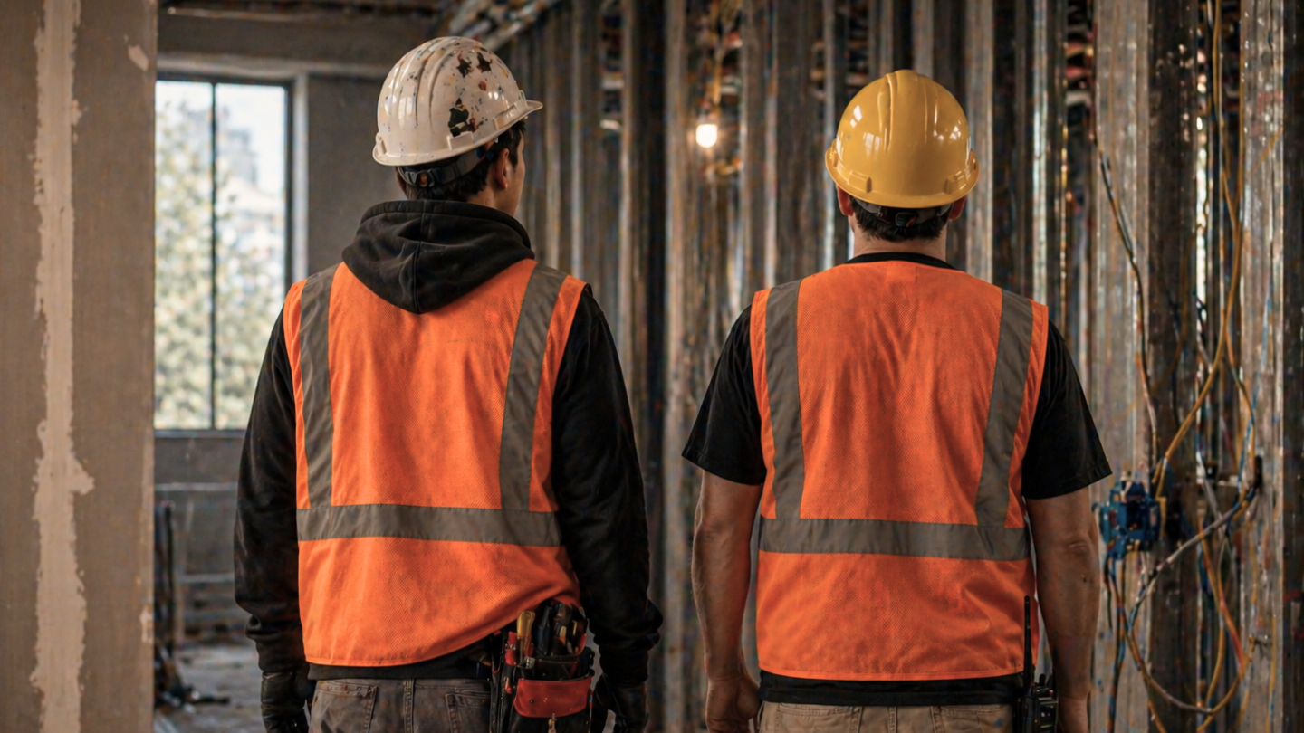 Technicians inspecting wiring and infrastructure during security system installation and configuration in NYC commercial building.