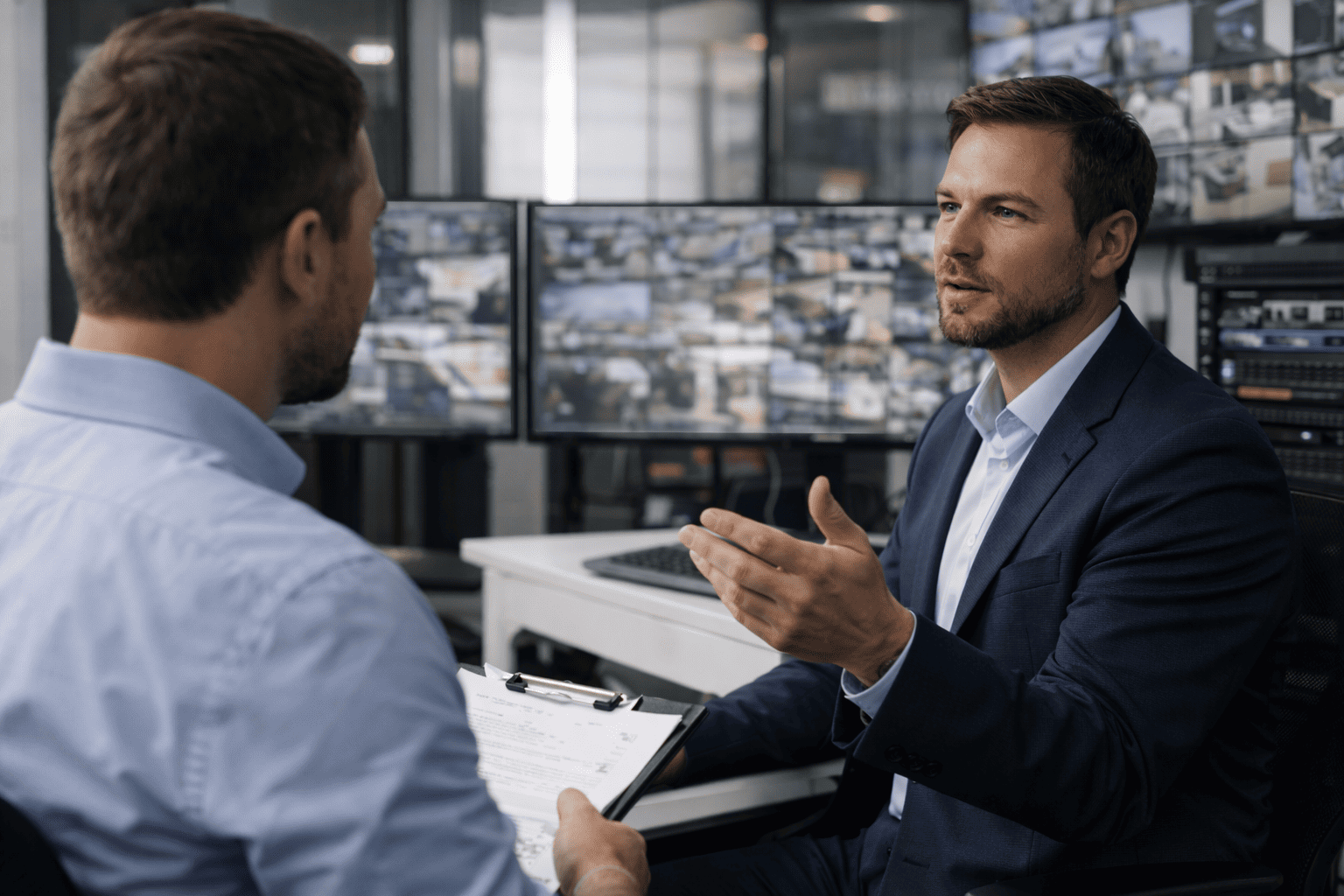 Security consultant discussing surveillance system strategy with a client inside a commercial monitoring and control room