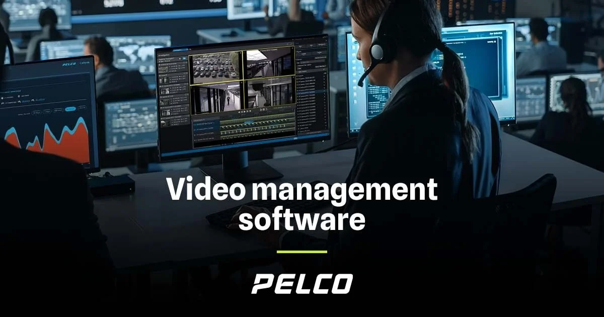 Pelco video management software used for real-time video monitoring and security system integration in a control room environment