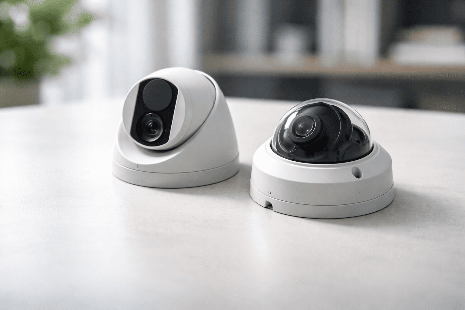 Two NDAA-compliant dome security cameras displayed on a clean surface in a commercial setting.