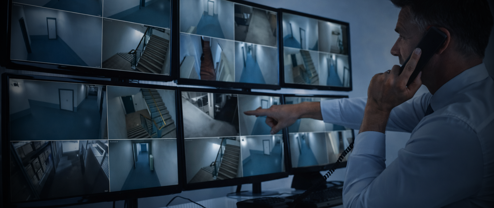 Security operator monitoring multiple surveillance camera feeds on screens using a Milestone VMS video management system to manage building security in New York.