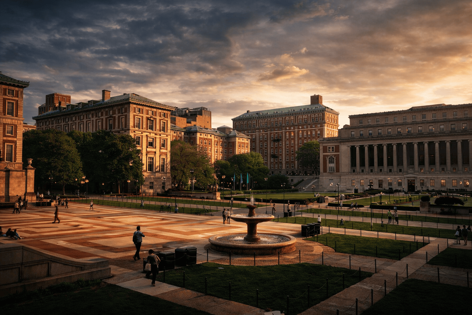 University campus buildings and courtyard secured with surveillance and controlled access security systems.