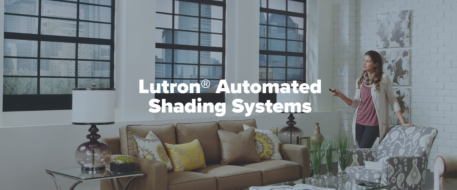 Lutron automated shading systems controlling smart window shades in a modern living space for improved comfort, lighting control, and energy efficiency.