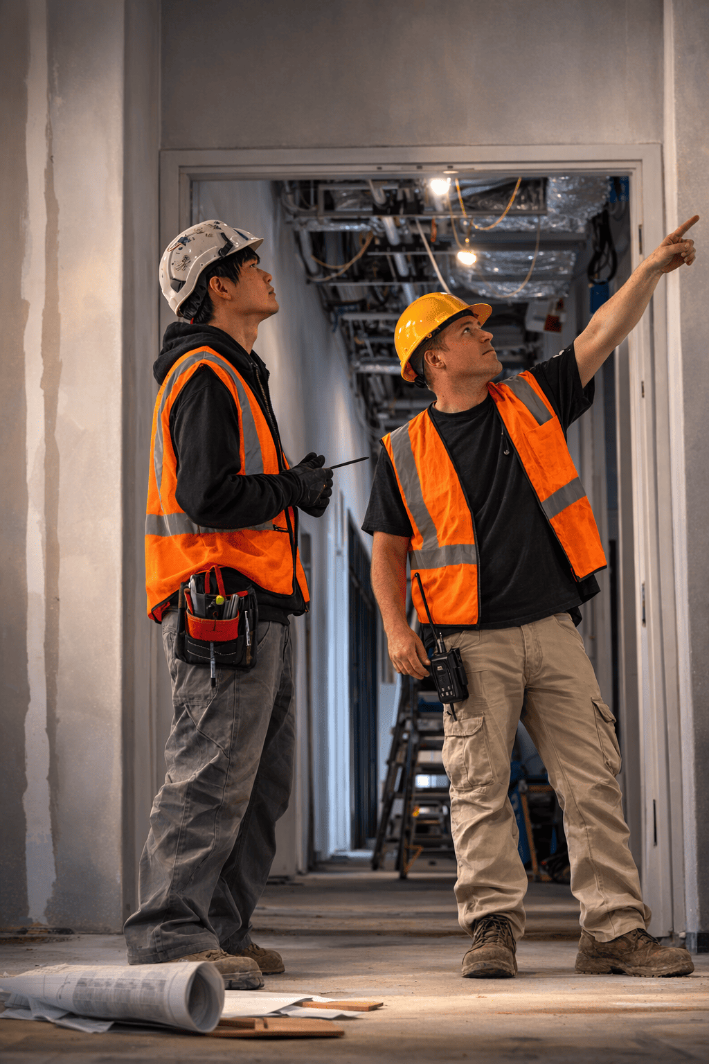 Technicians installing and inspecting a commercial security system infrastructure in a New York City building.