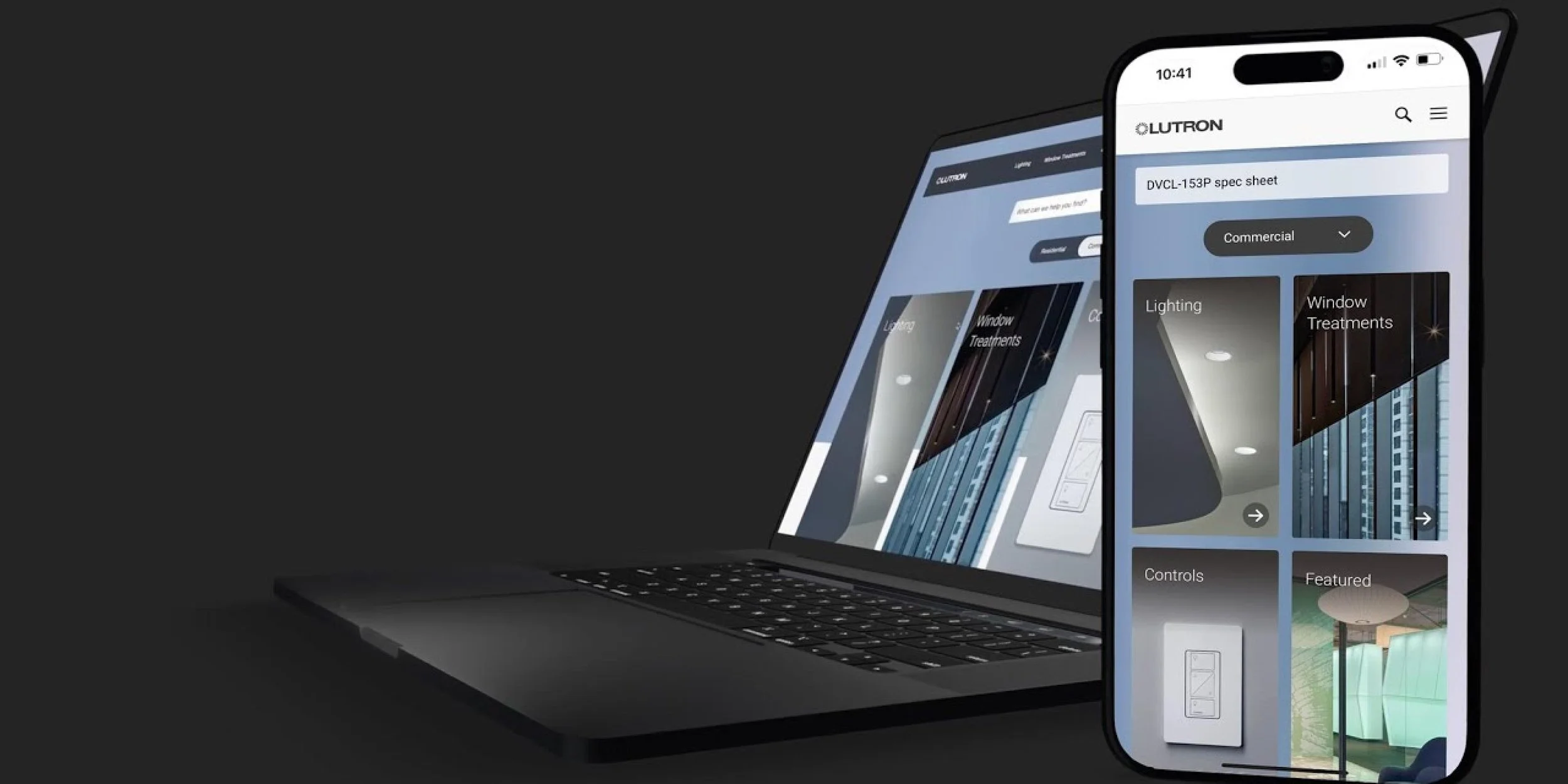 Lutron smart lighting control interface displayed on mobile and laptop for managing commercial lighting, shading, and building automation systems.