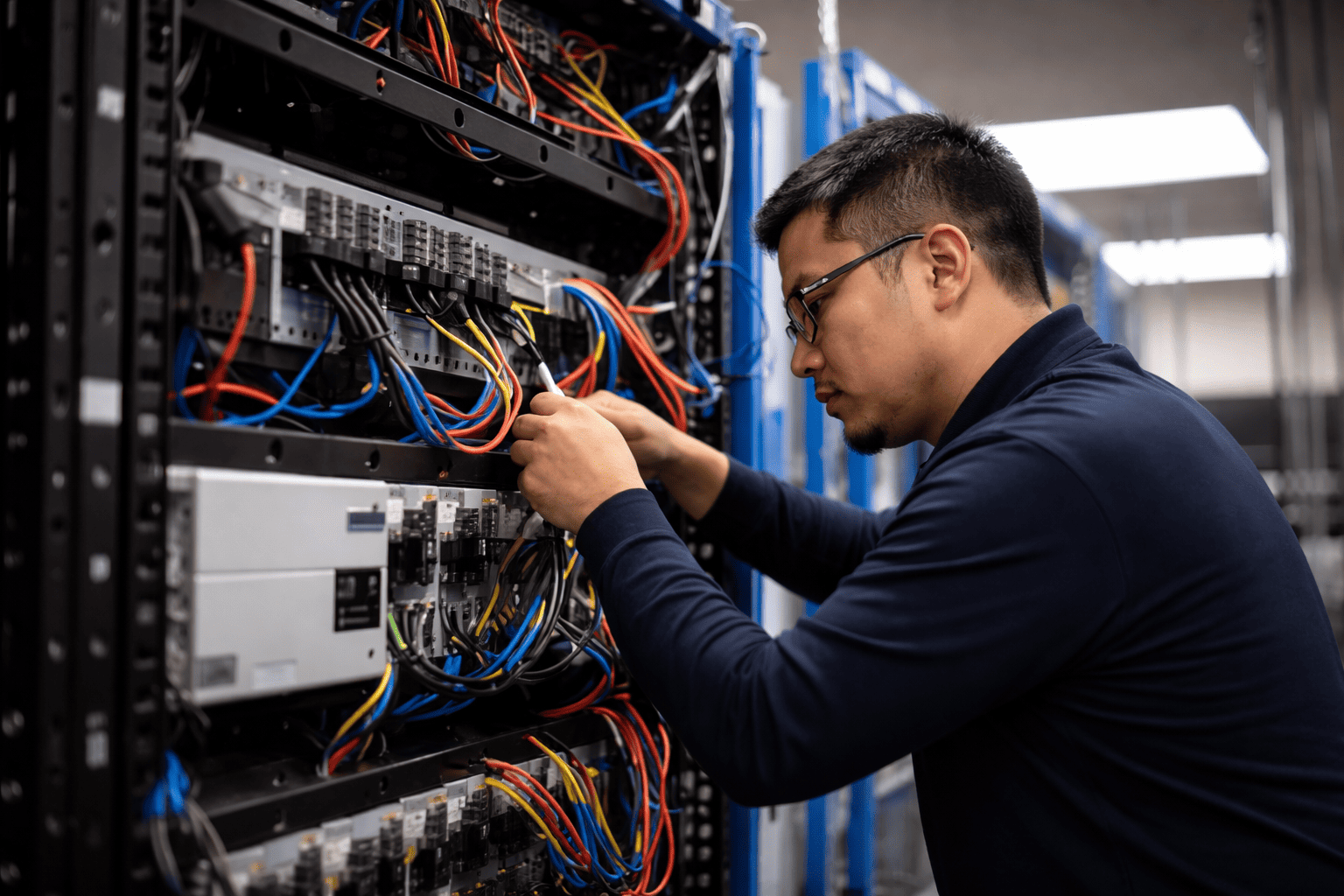IT network expert configuring cables inside a server rack in a commercial data room.