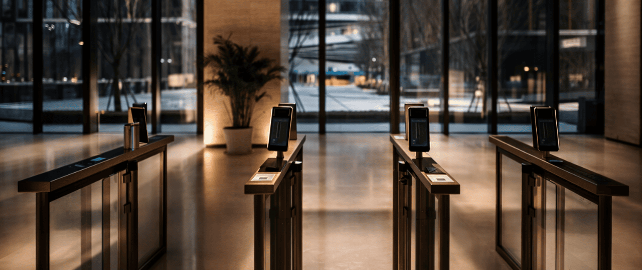 Modern Manhattan office lobby featuring secure entry turnstiles and glass architecture in a New York City commercial building.png