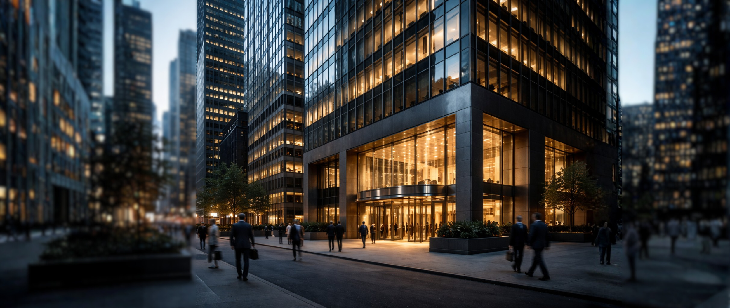 Exterior view of a Midtown Manhattan commercial high-rise during early evening with illuminated office space.png