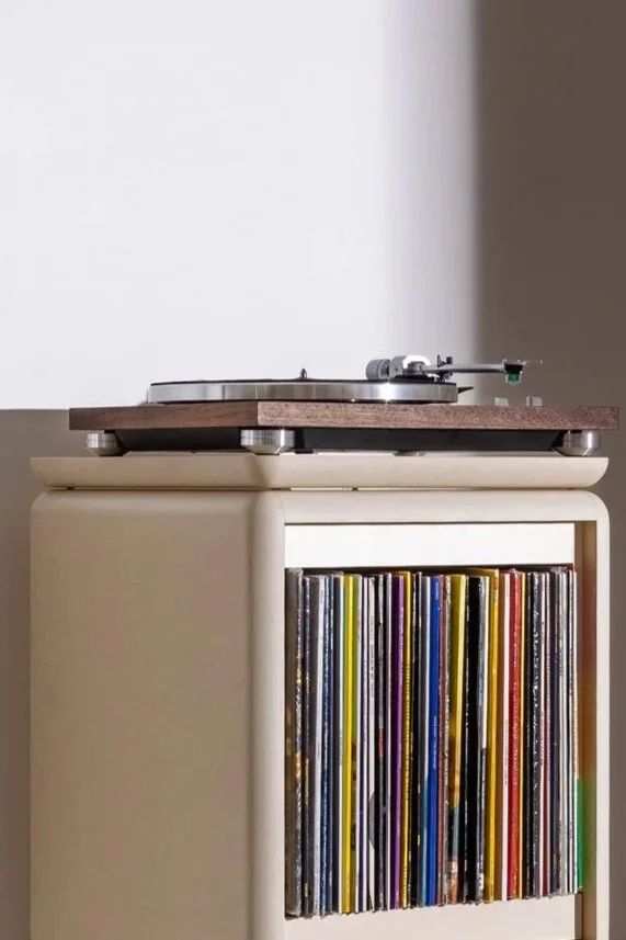 Nest flat module in White Pearl with a turntable on top, as part of the Sly vinyl furniture — Groovaly