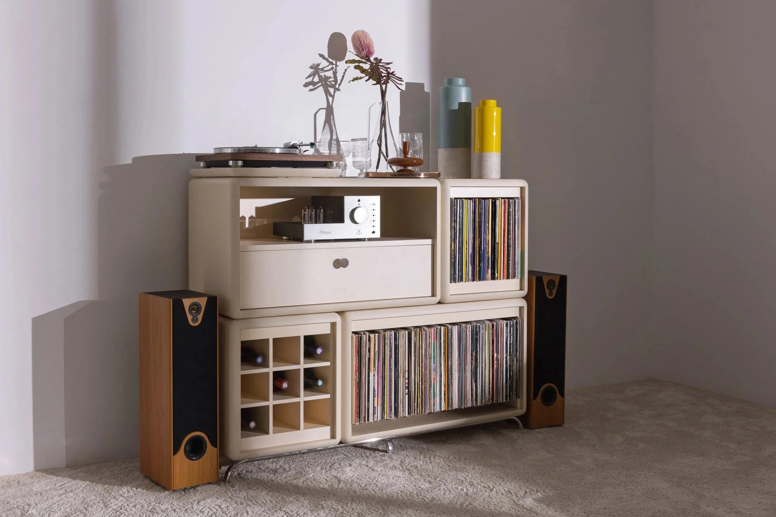 Groovaly Golden Age vinyl furniture composition with Curtis, records, turntable, compact hi-fi equipment and speakers.