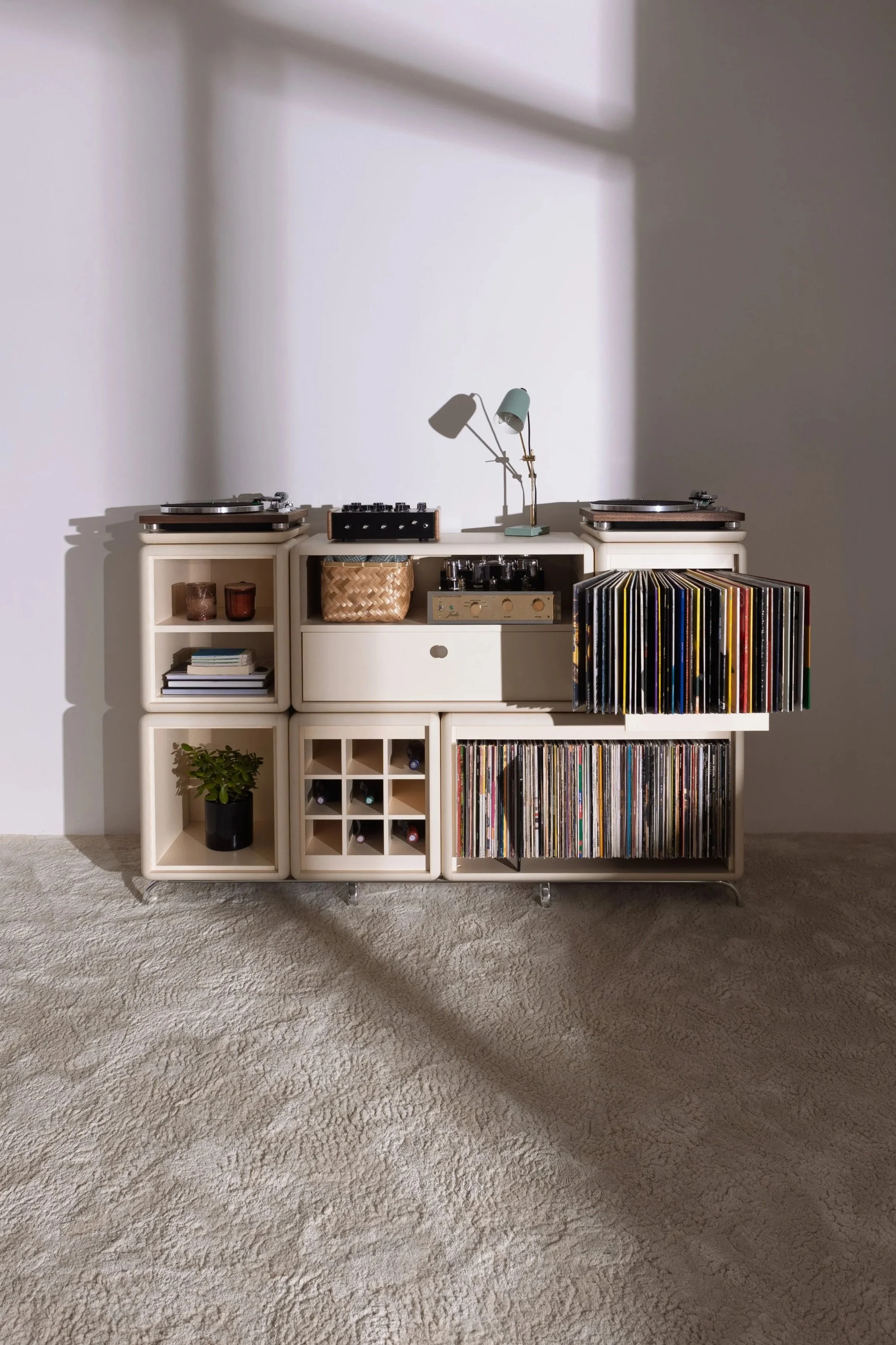 Groovaly Wilson Golden Age with records, two turntables and storage for hi-fi equipment.