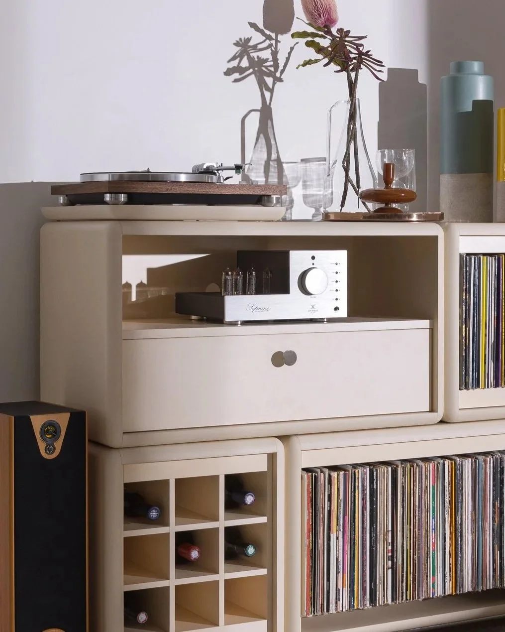 Chest vinyl drawer system in White Pearl integrated into the Curtis vinyl furniture composition — Groovaly