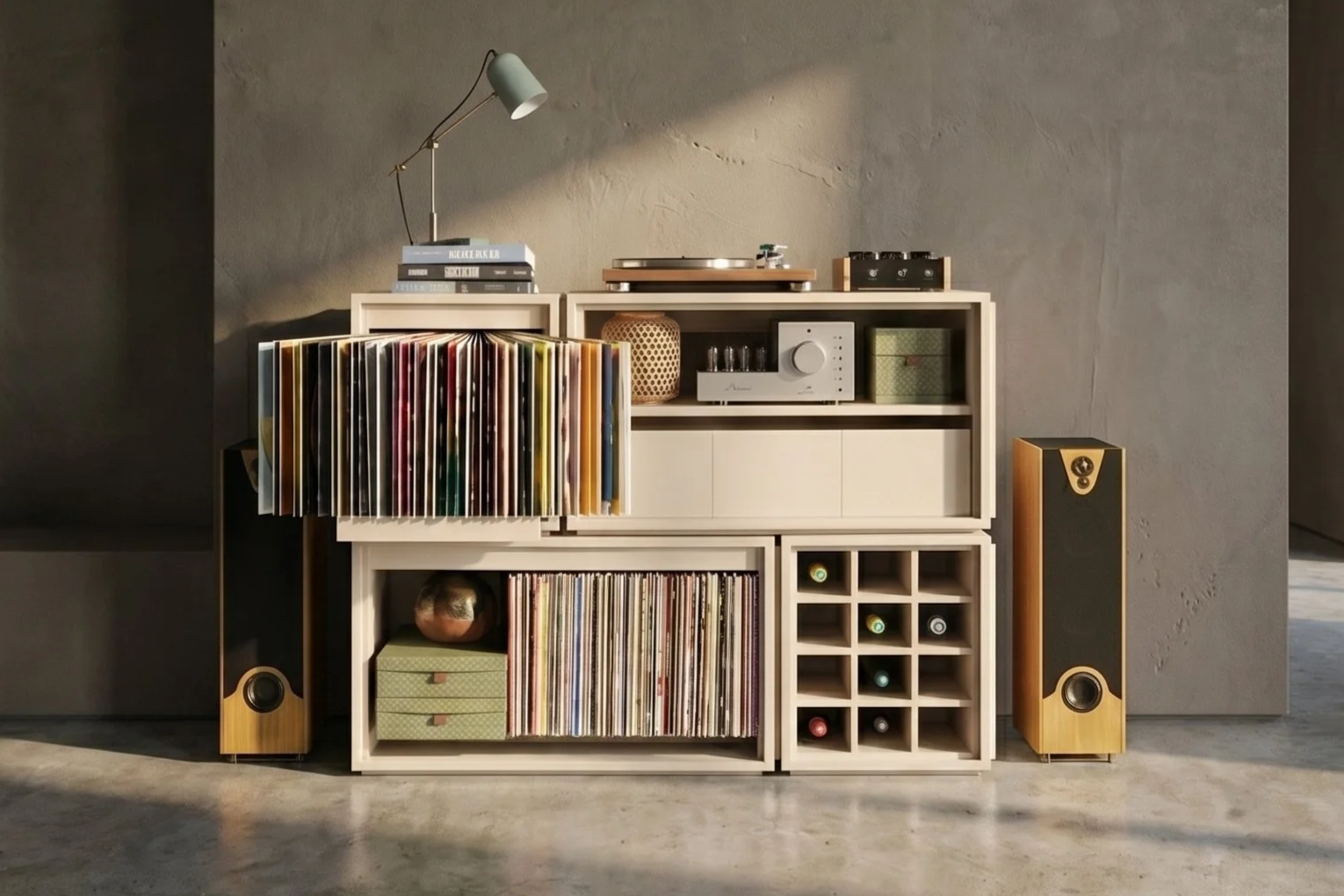 Groovaly Classic Collection Collector Setup No. 01 with Bloom, Tilt, Dock, Grid, records and hi-fi equipment.