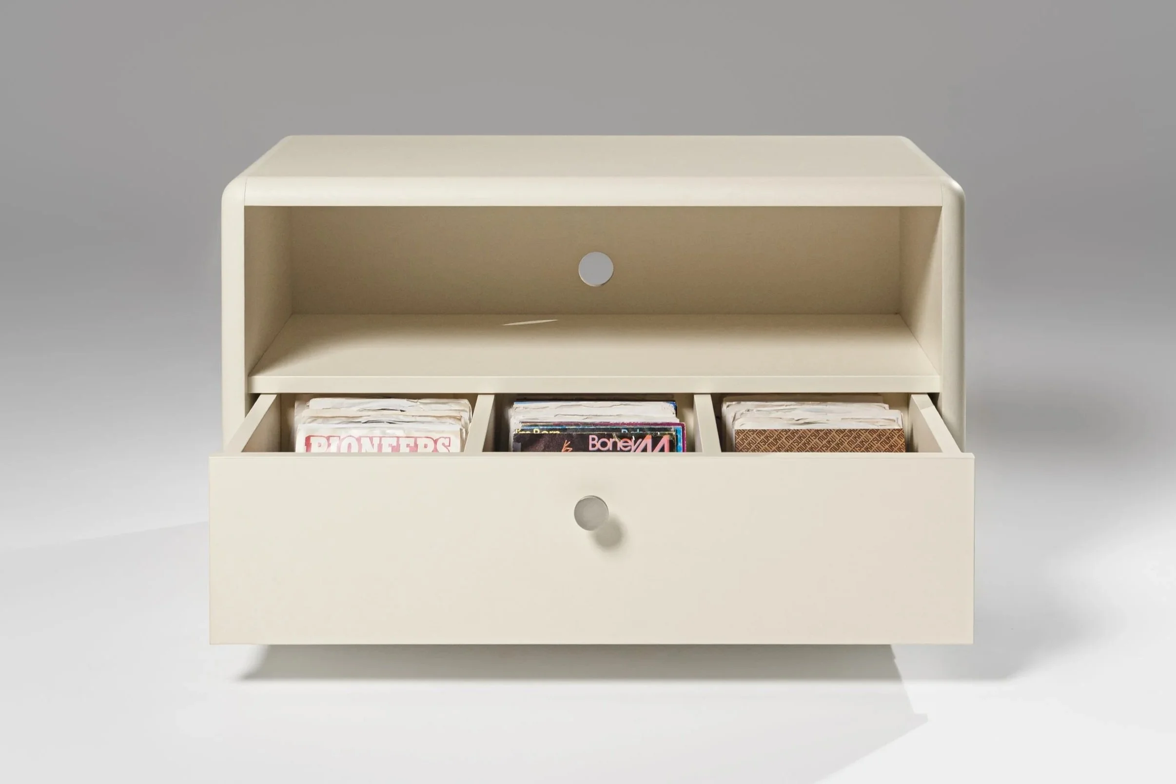 Chest 7-inch vinyl drawer system in White Pearl with drawer open, filled with records — Groovaly