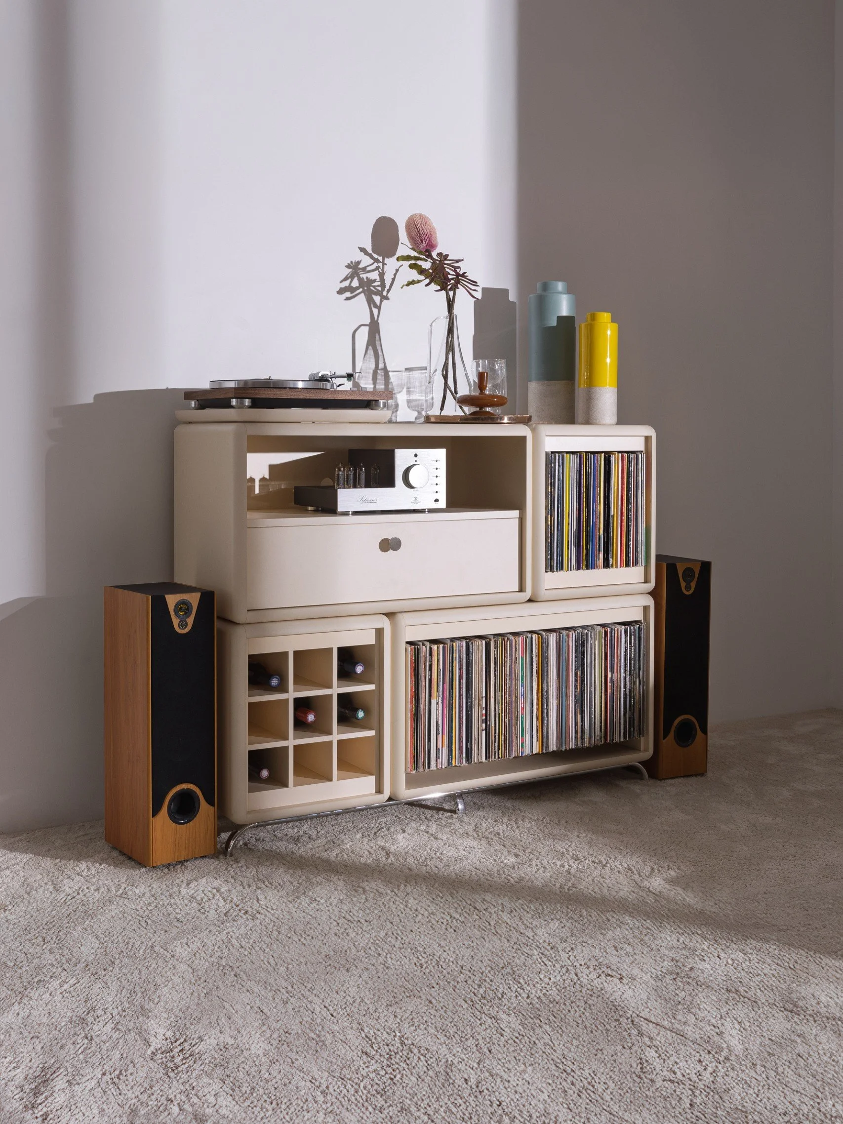 Groovaly Golden Age vinyl furniture composition with Curtis, records, turntable, compact hi-fi equipment and speakers.