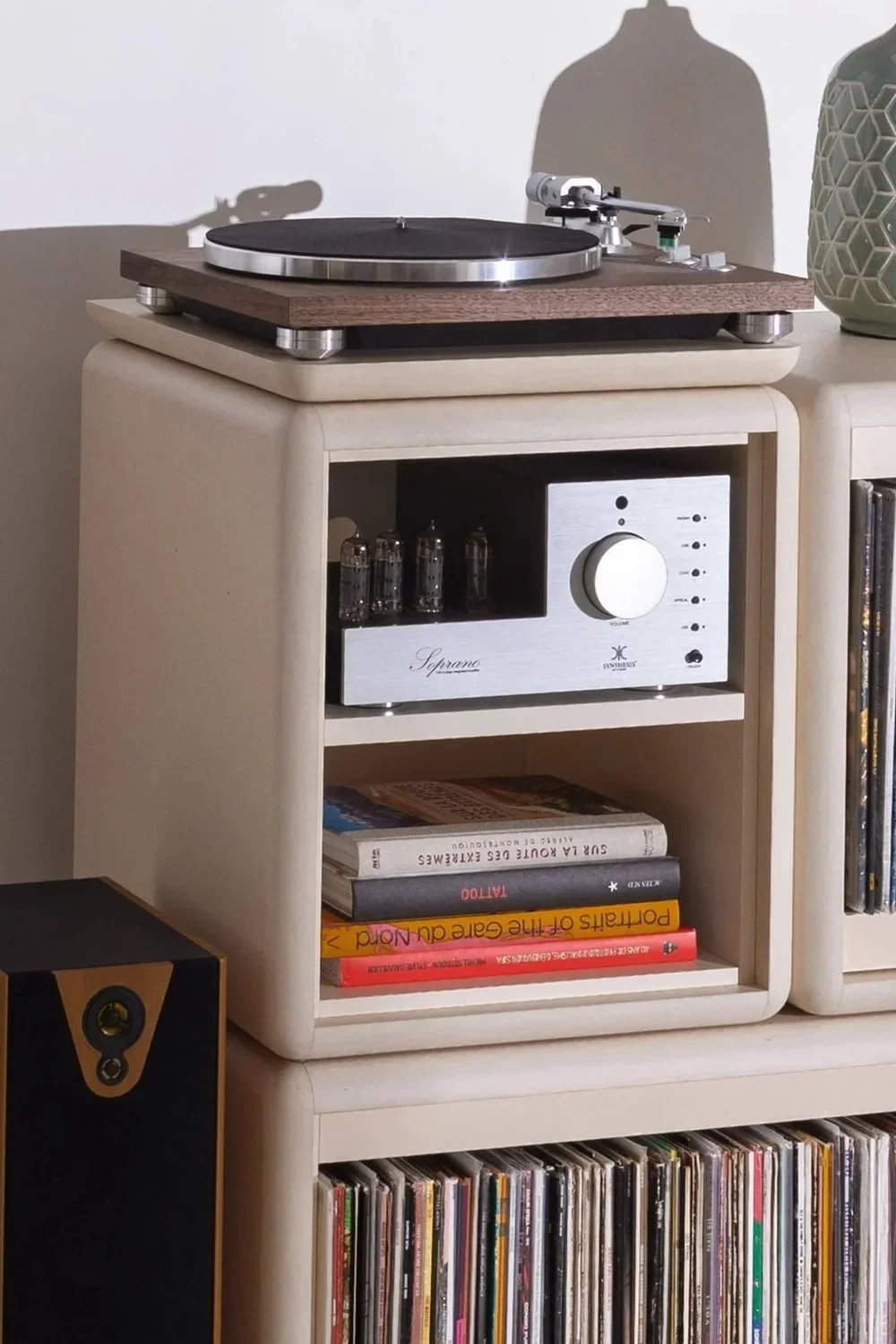 Split two-level storage element in White Pearl integrated into the Patti vinyl furniture composition — Groovaly