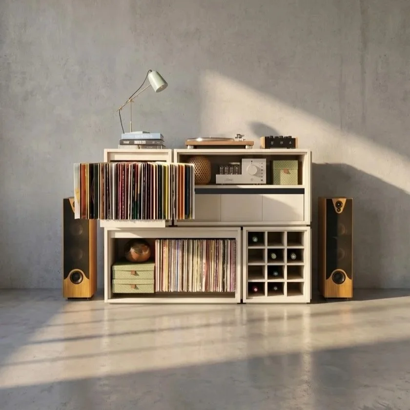 Groovaly Classic Collection Collector Setup No. 01 with Bloom, Tilt, Dock, Grid, records and hi-fi equipment.