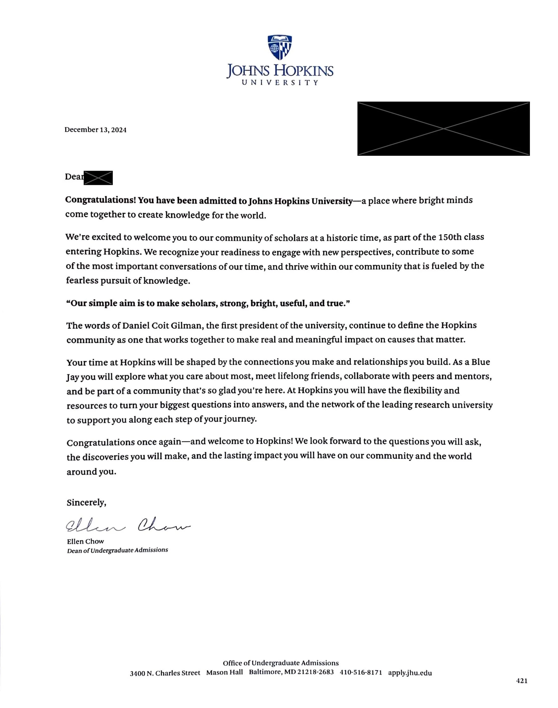 Acceptance letter from Johns Hopkins University congratulating a student on their admission, including university logo, date, and signatures.