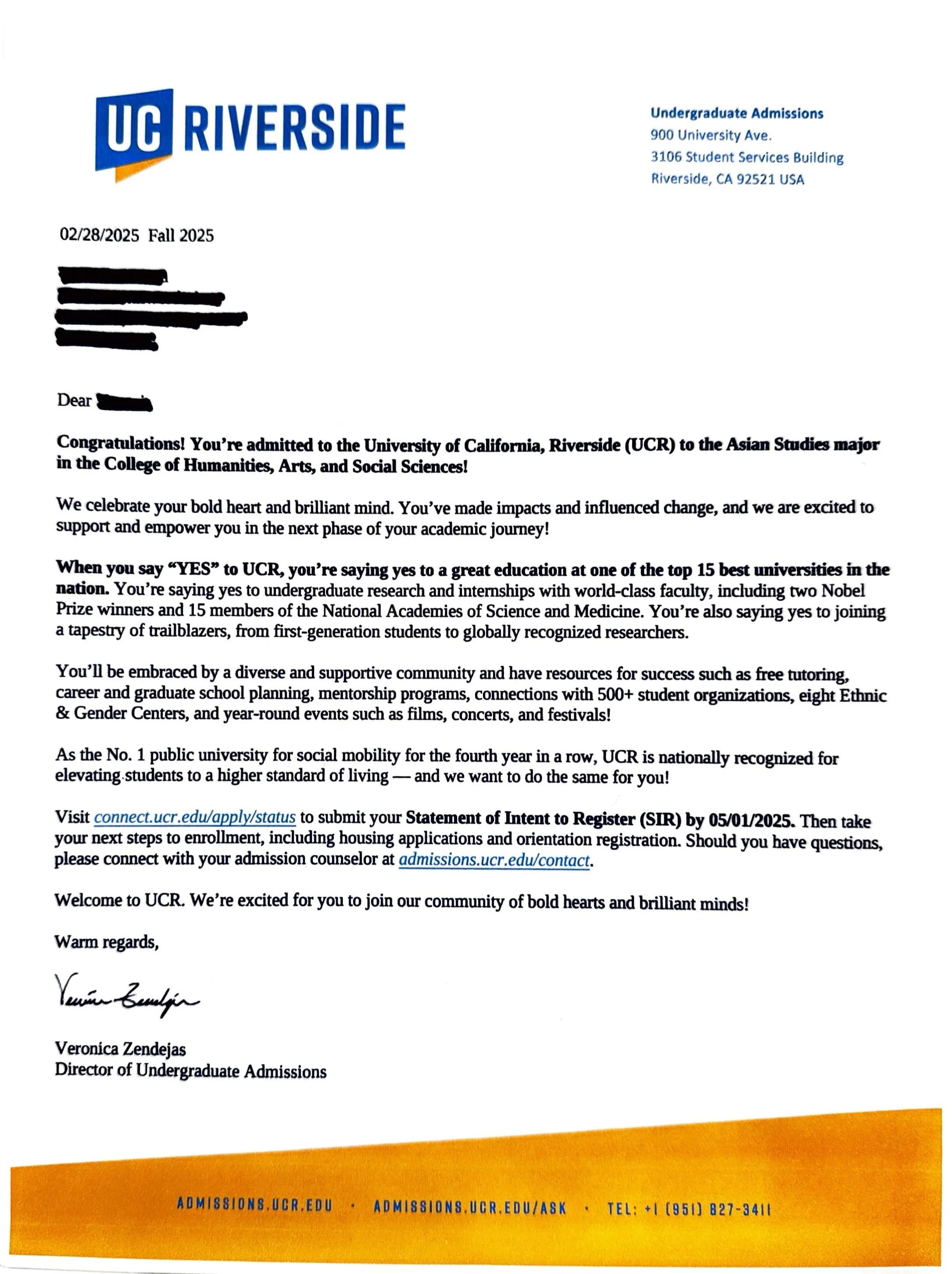 Acceptance letter from UC Riverside congratulating the recipient on admission to the university for the Fall 2025 semester, with details about programs and next steps, featuring the UC Riverside logo and university contact information.