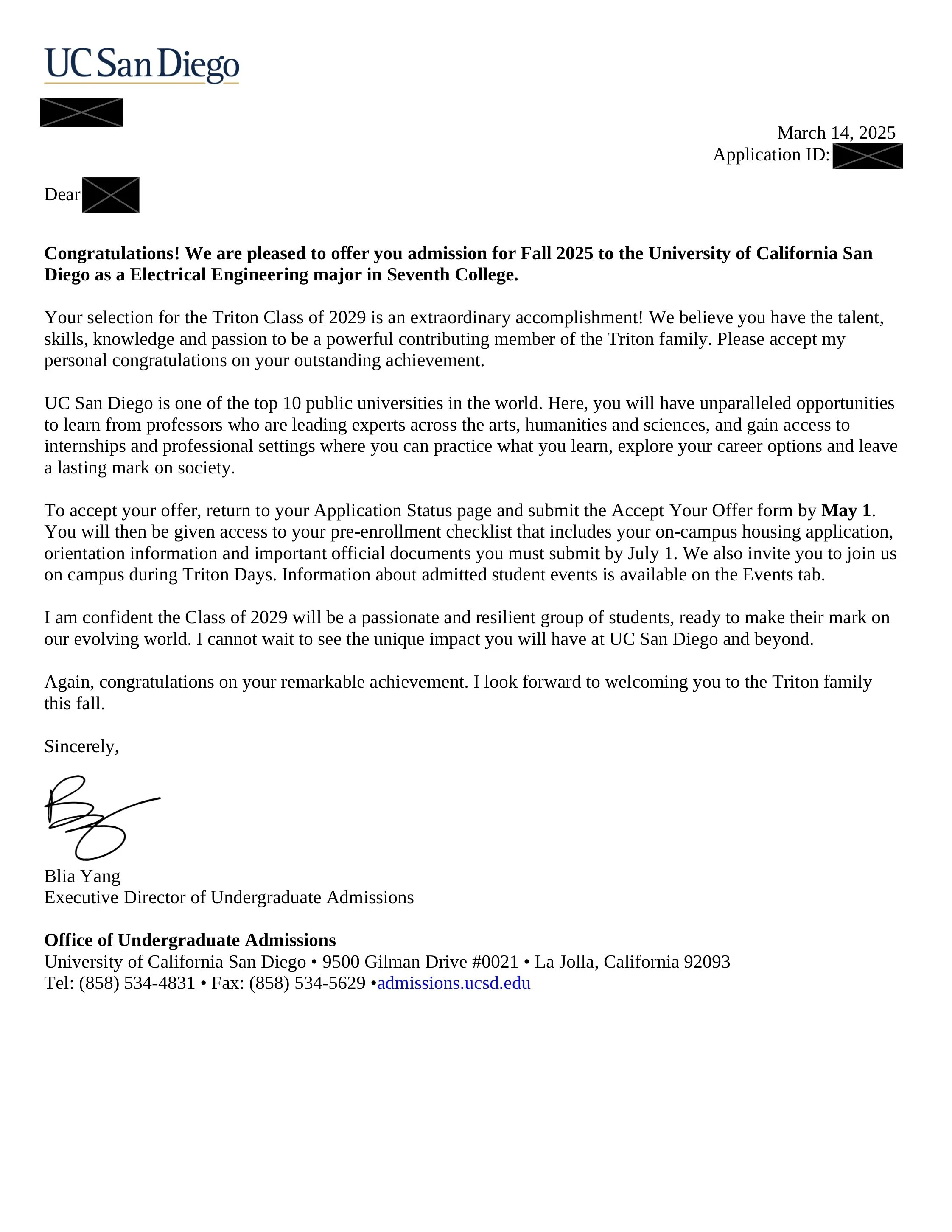 Acceptance letter from UC San Diego congratulating the recipient on admission as an electrical engineering major for Fall 2025, signed by Blia Yang, with school logo, date March 14, 2025, and address details.