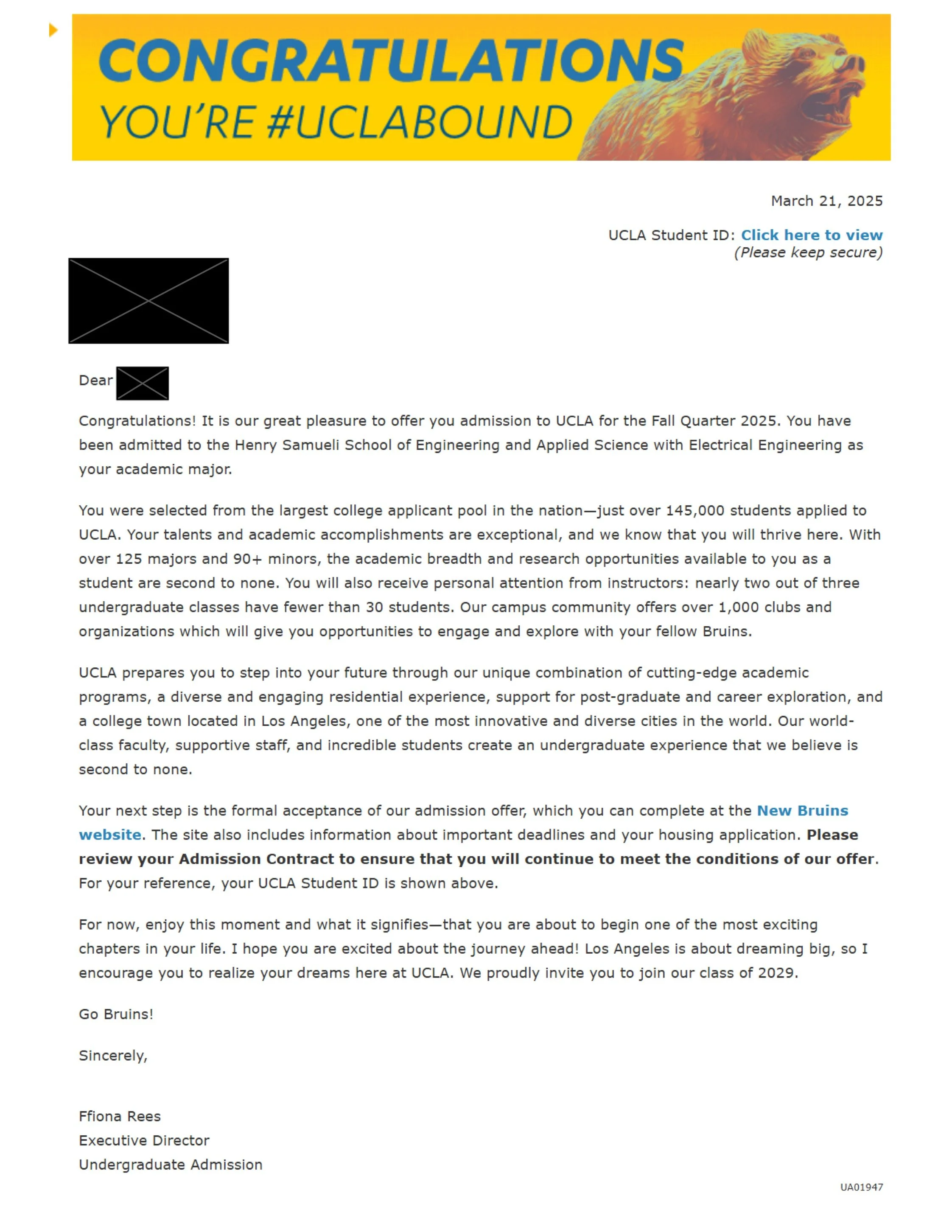Digital admission acceptance letter from UCLA with a yellow header, congratulatory message, a bear mascot graphic, and body text welcoming a new student to UCLA for Fall Quarter 2025.