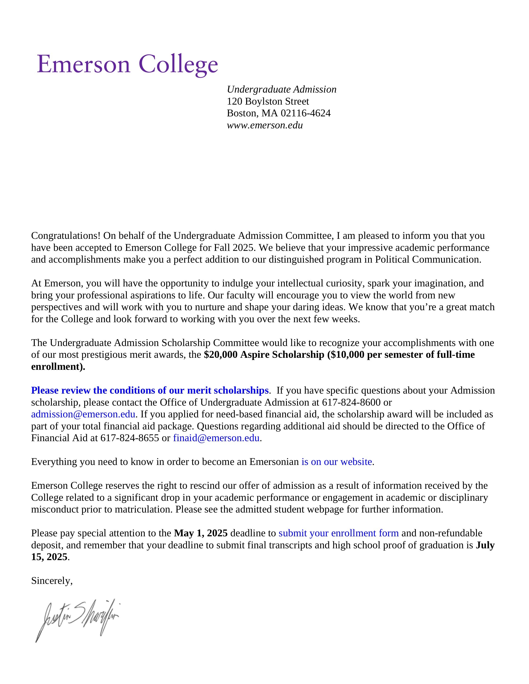 Official acceptance letter from Emerson College announcing admission for Fall 2025, including details about scholarships, enrollment deadlines, and contact information.