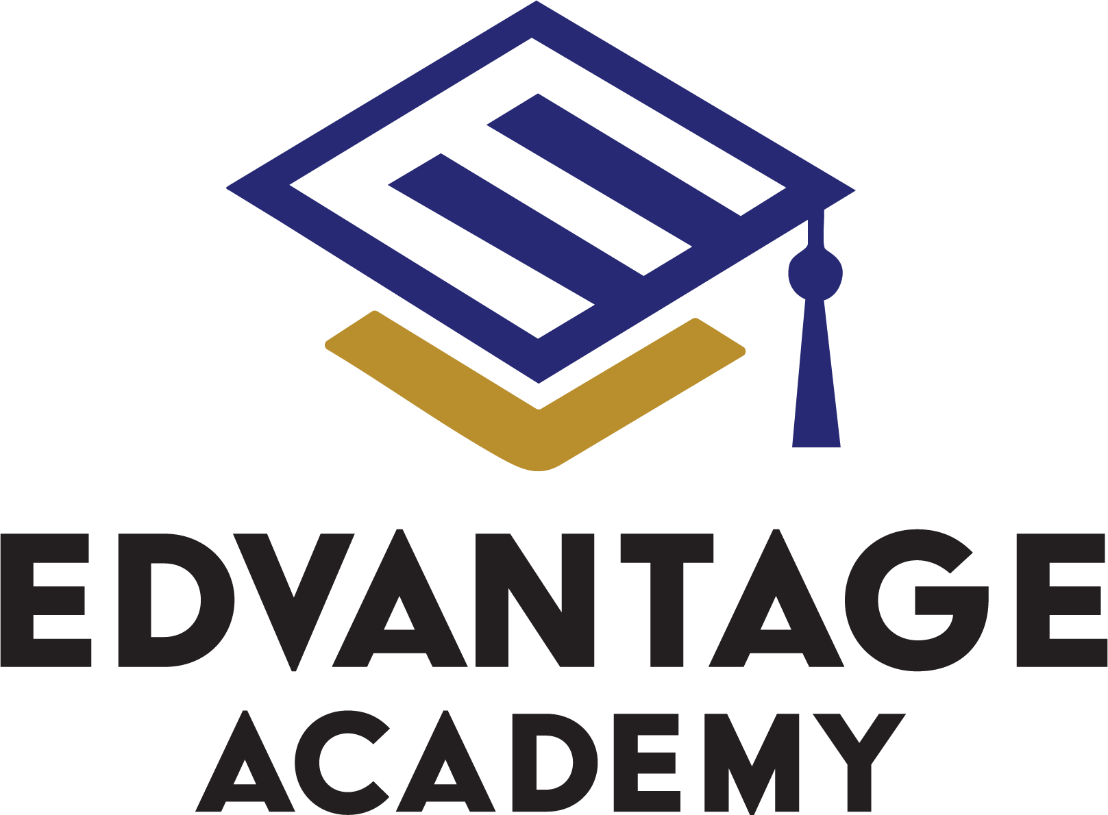 Logo for Edvantage Academy featuring a stylized graduation cap and a gold element, with the name 'Edvantage Academy' below.