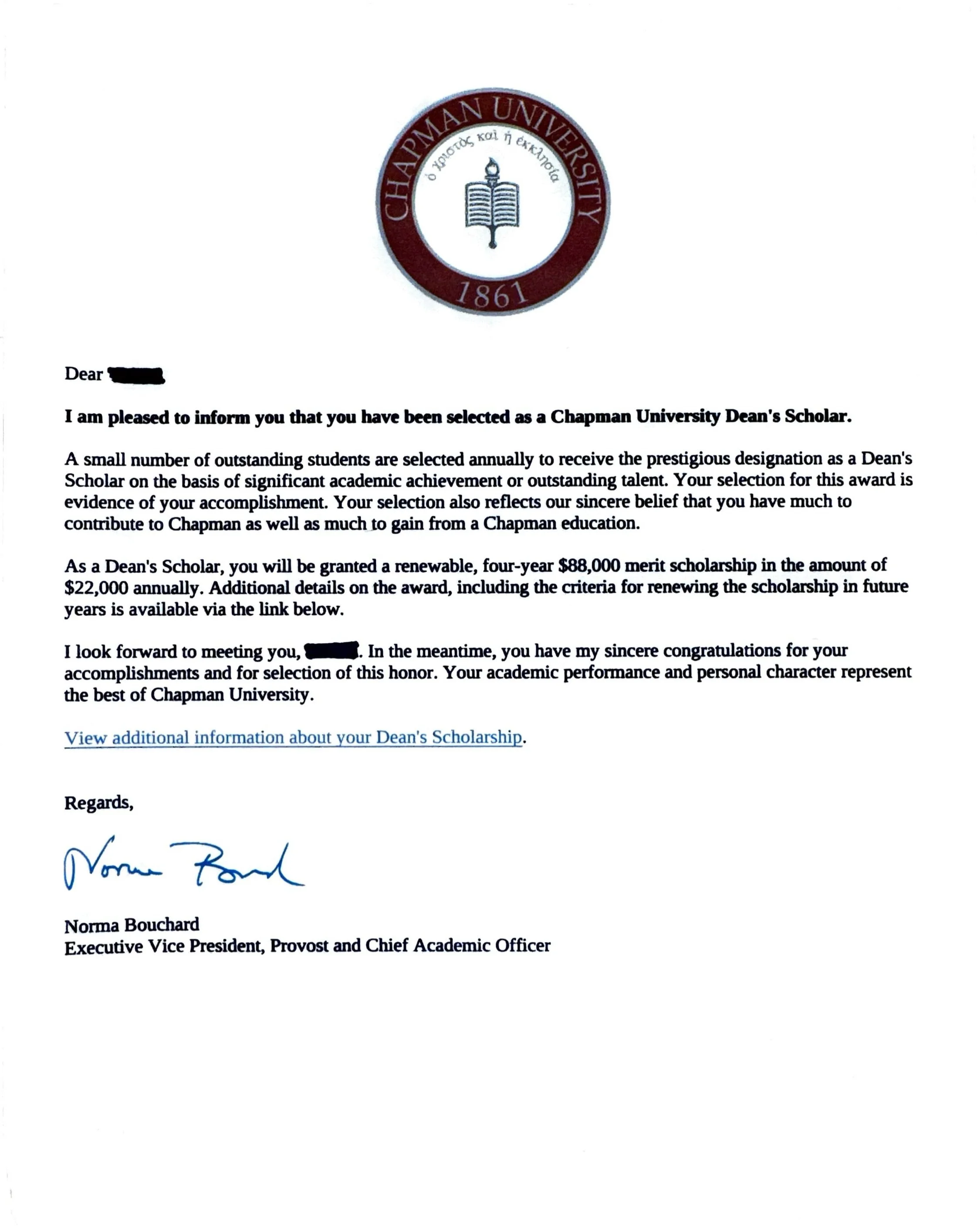 Letter from Chapman University informing recipient of selection as Dean's Scholar with details of a $88,000 merit scholarship, signed by Norma Bouchard.