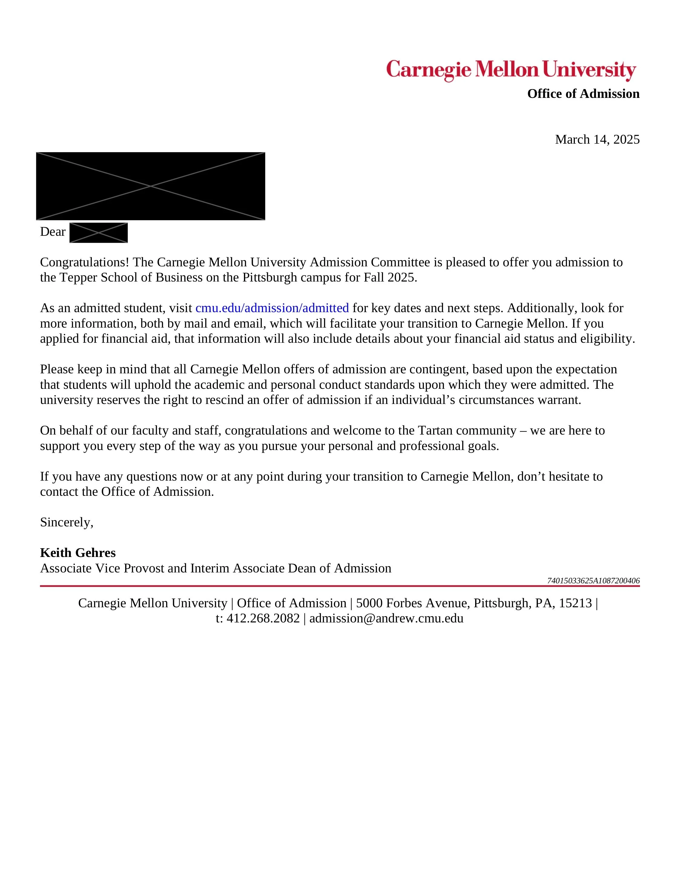 Acceptance letter from Carnegie Mellon University Office of Admission congratulating recipient on admission to the Tepper School of Business for Fall 2025, dated March 14, 2025.