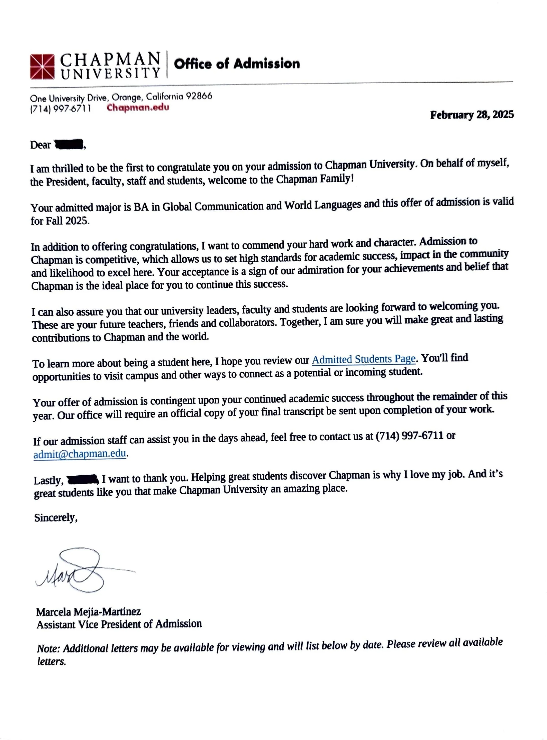 Official acceptance letter from Chapman University, dated February 28, 2025, welcoming a student to the university, congratulating them on admission, and providing details about enrollment and contact information.