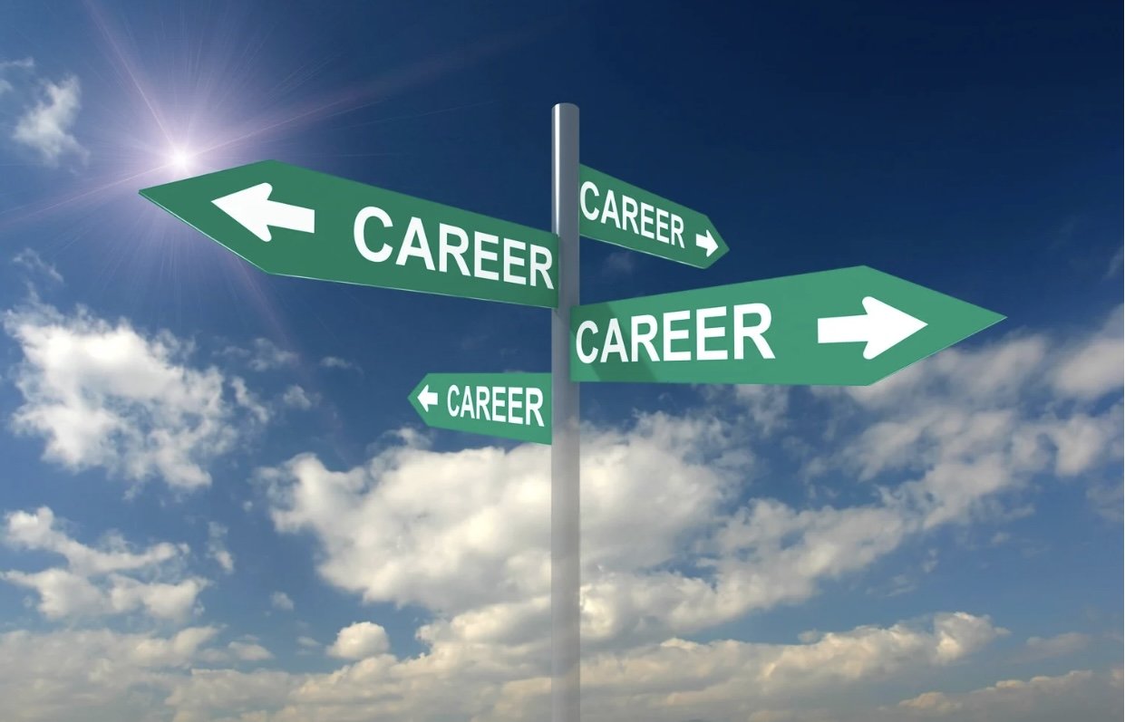 Street signpost with multiple green signs labeled 'Careers' and arrows pointing in different directions, against a bright sky with clouds.