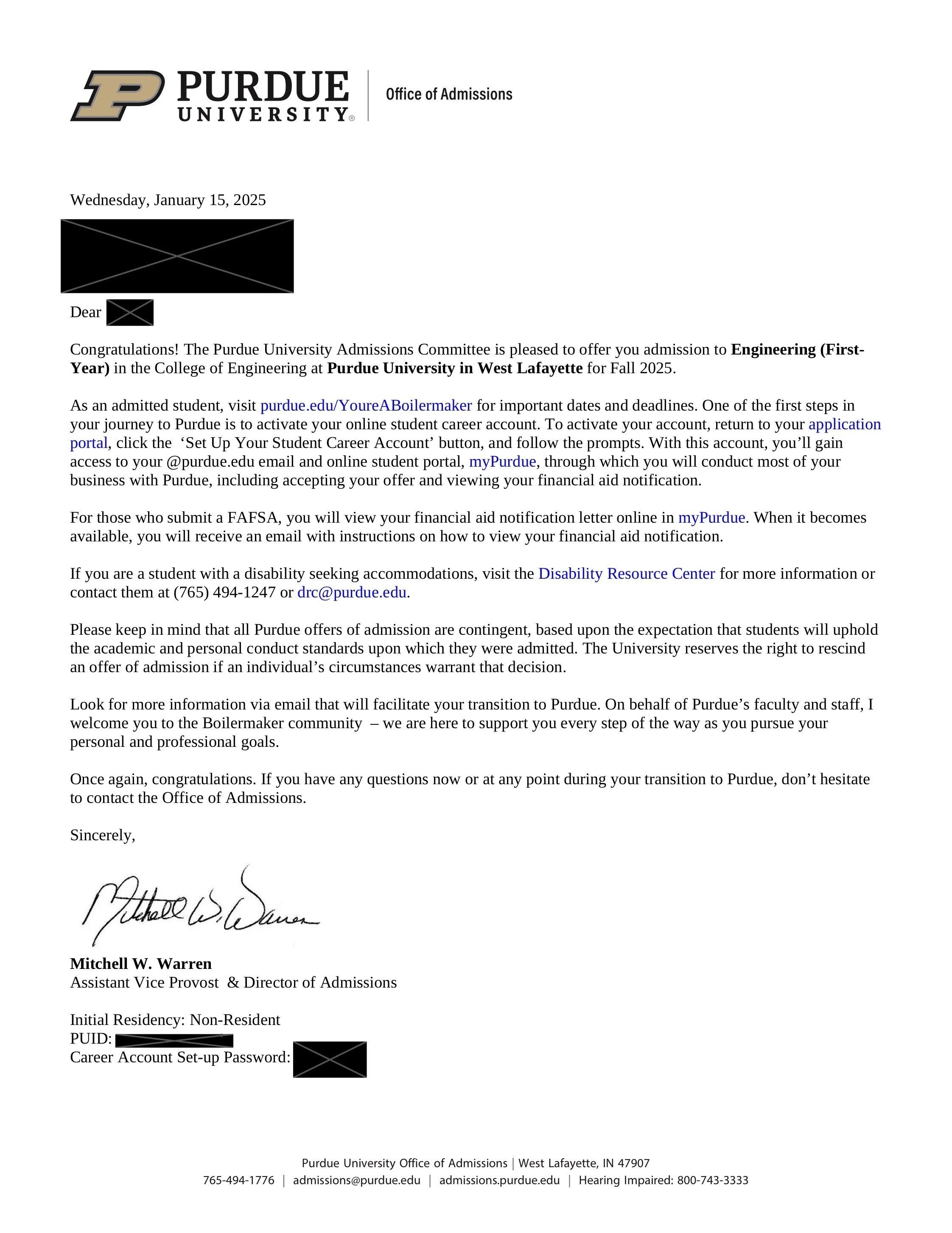 Acceptance letter from Purdue University Office of Admissions for an engineering program, dated January 15, 2025, signed by Mitchell W. Warren, including personal details and login information.