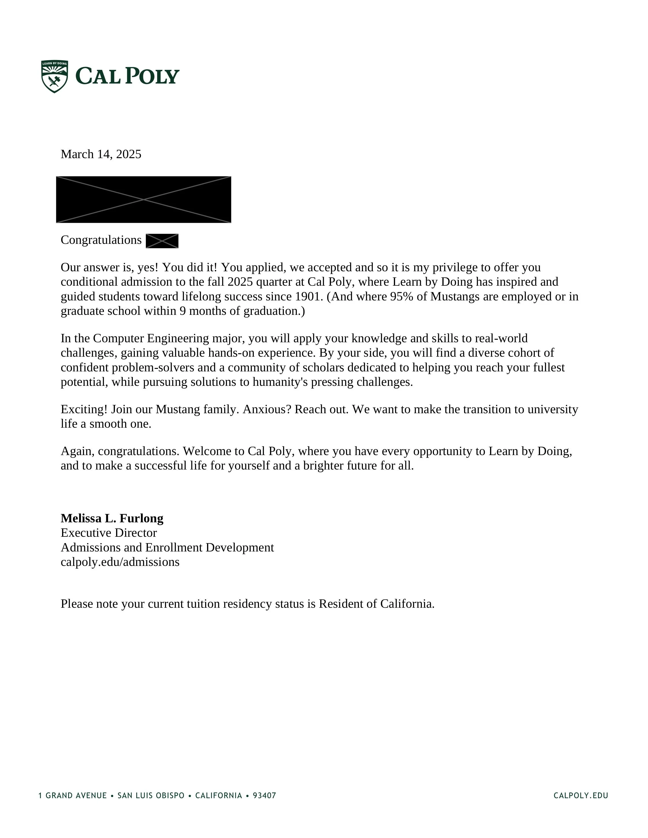Cal Poly admissions acceptance letter dated March 14, 2025, congratulating the recipient on their acceptance, signed by Melissa L. Furlong, with Cal Poly logo at the top.