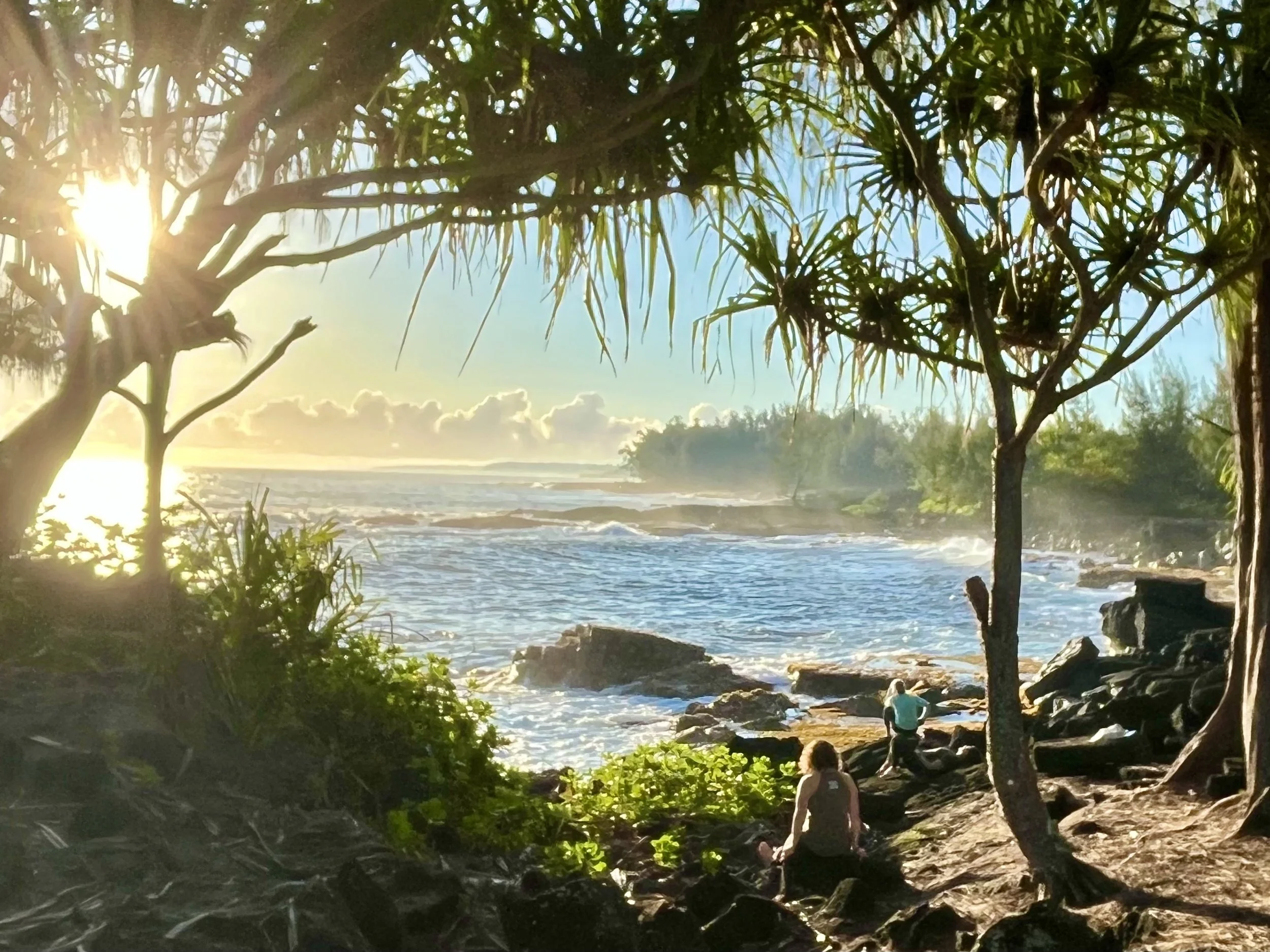 Beach scene viewed from a shaded area with trees and rocks, showing the ocean, waves, and a partly cloudy sky during sunrise while three people practice gratitude, nature appreciation meditation.